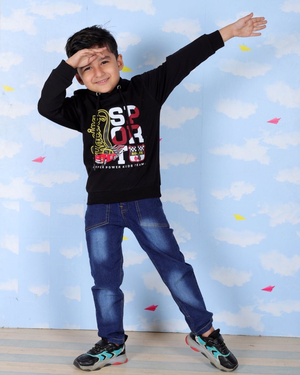 Black Racing Sport Hooded Sweatshirt For Boys