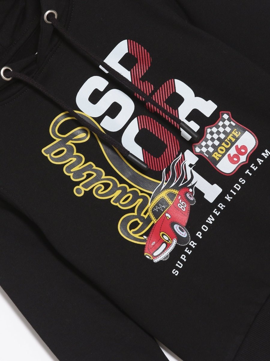 Black Racing Sport Hooded Sweatshirt For Boys