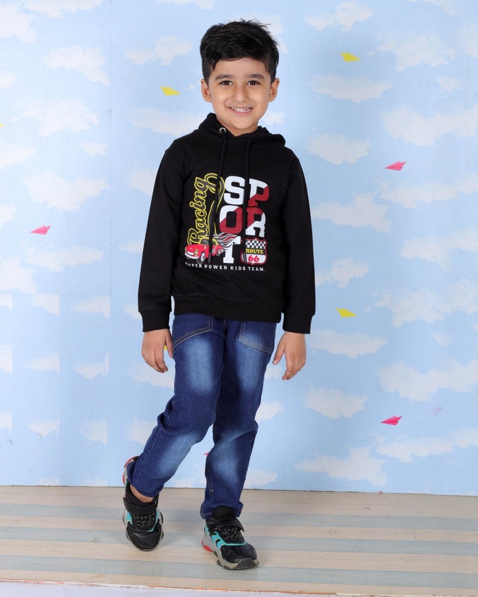 Black Racing Sport Hooded Sweatshirt For Boys