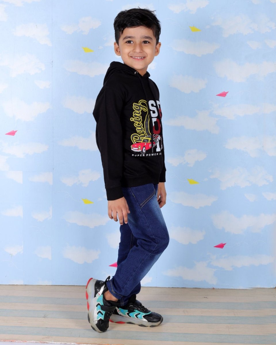 Black Racing Sport Hooded Sweatshirt For Boys