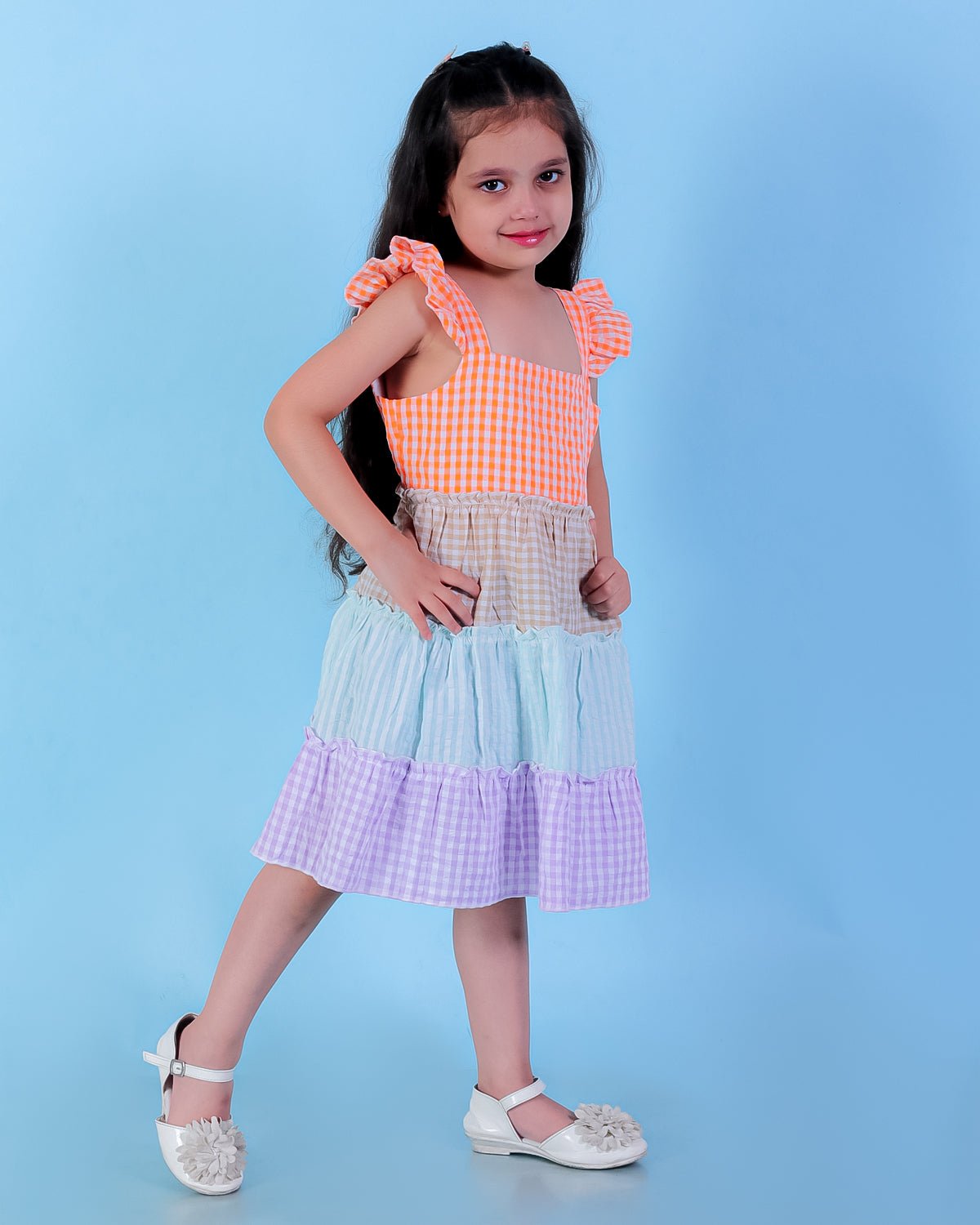 Rainbow Checkered Charm Girls Casual Dress For Kids
