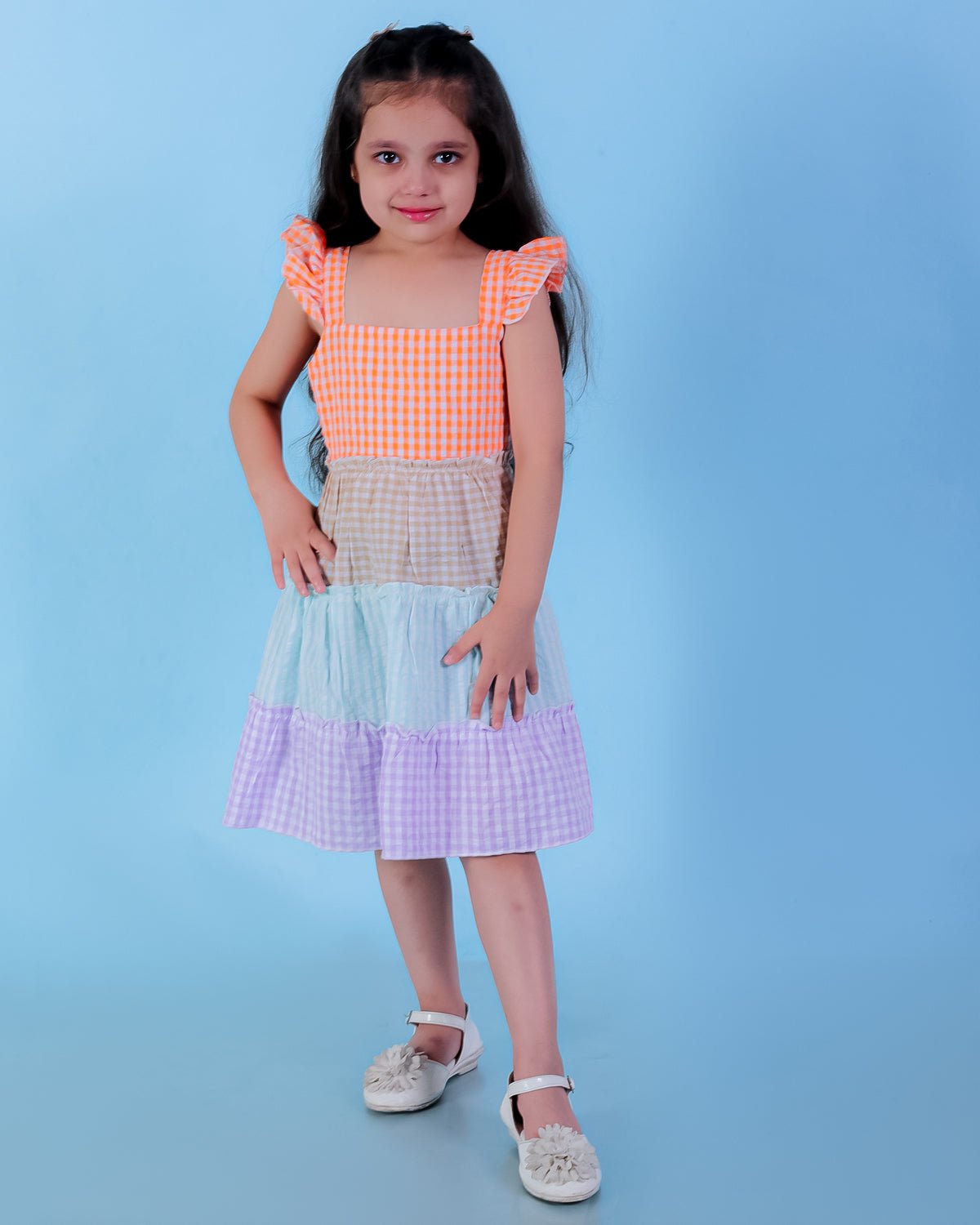 Rainbow Checkered Charm Girls Casual Dress For Kids