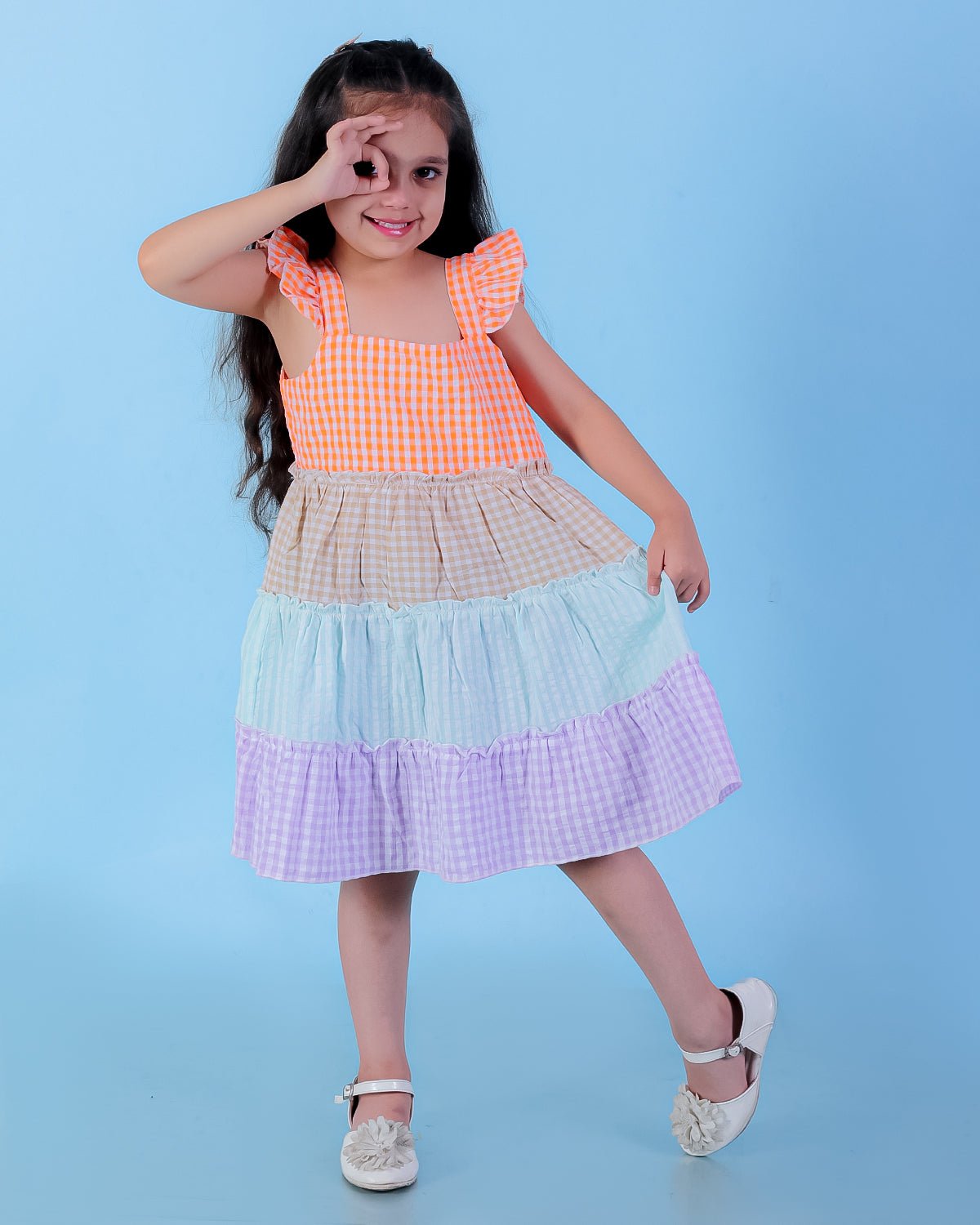 Rainbow Checkered Charm Girls Casual Dress For Kids