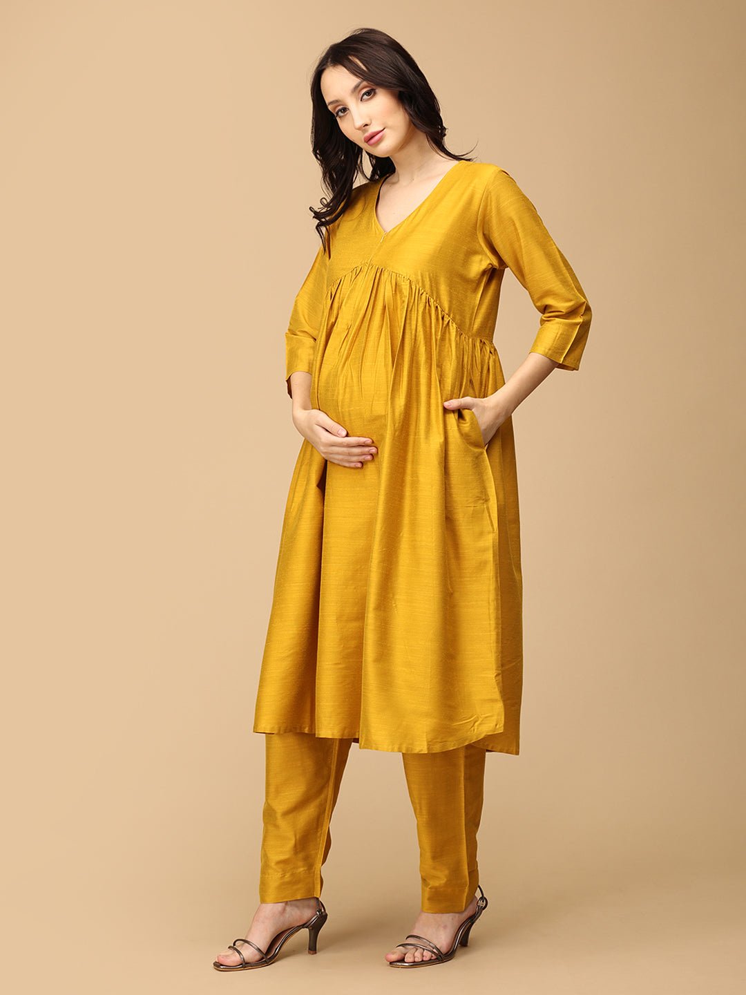 Rang-e-Kesar Maternity and Nursing Silk Kurta Set Yellow