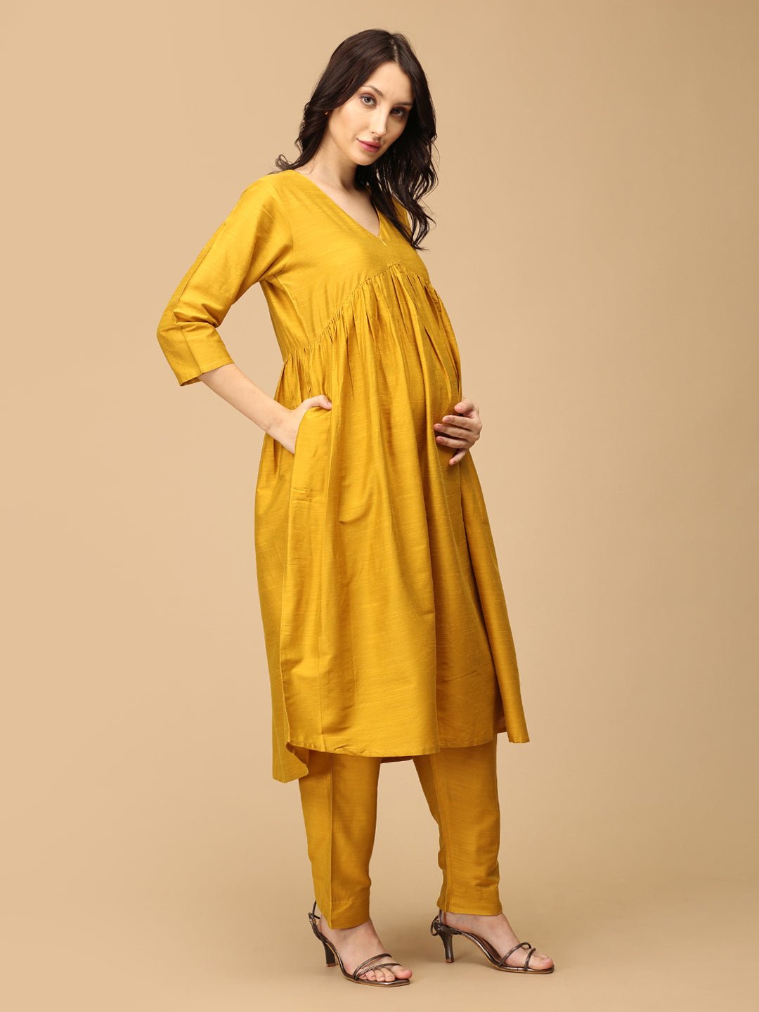 Rang-e-Kesar Maternity and Nursing Silk Kurta Set Yellow