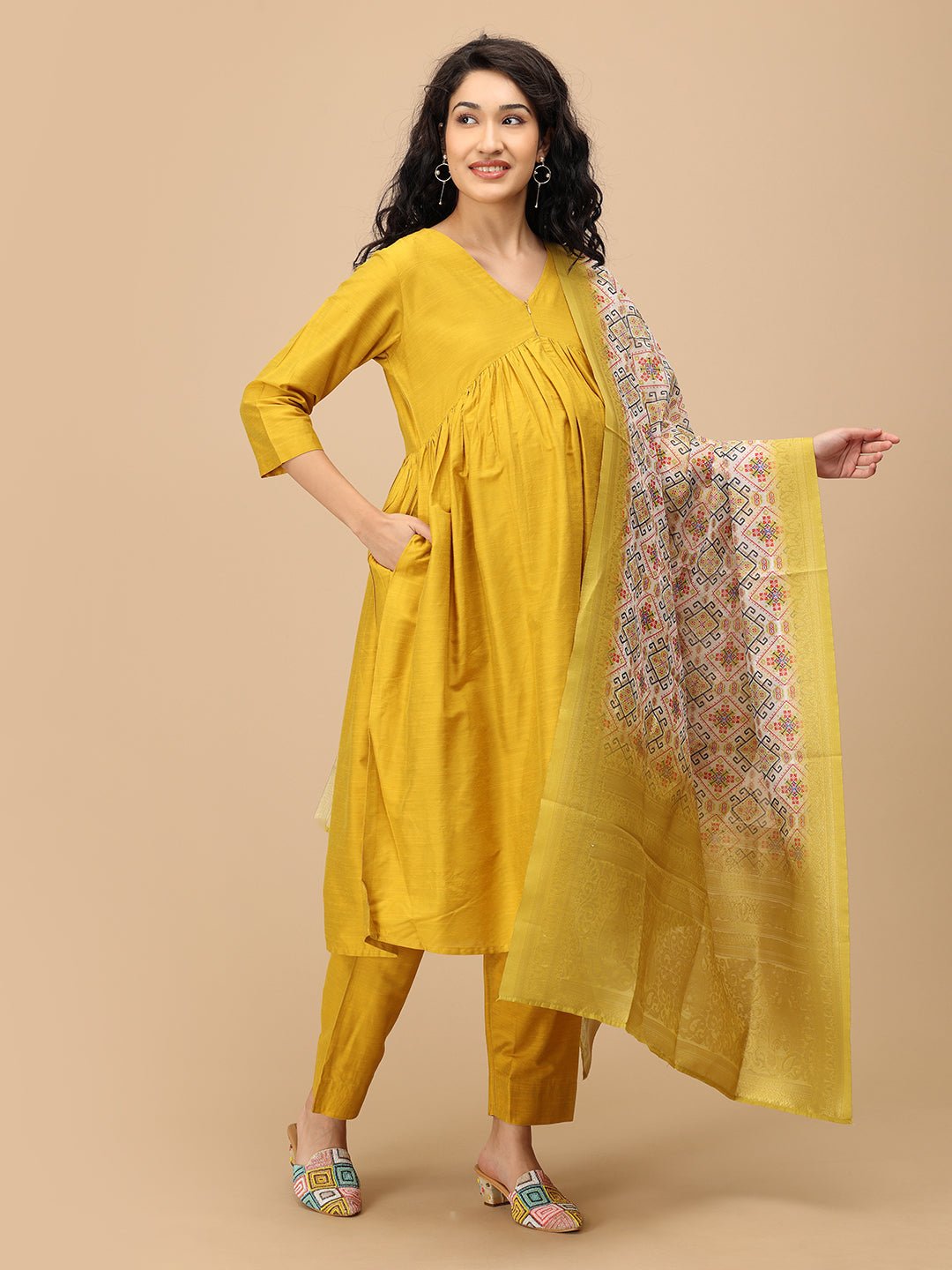 Rang-e-Kesar Maternity and Nursing Silk Kurta Set Yellow