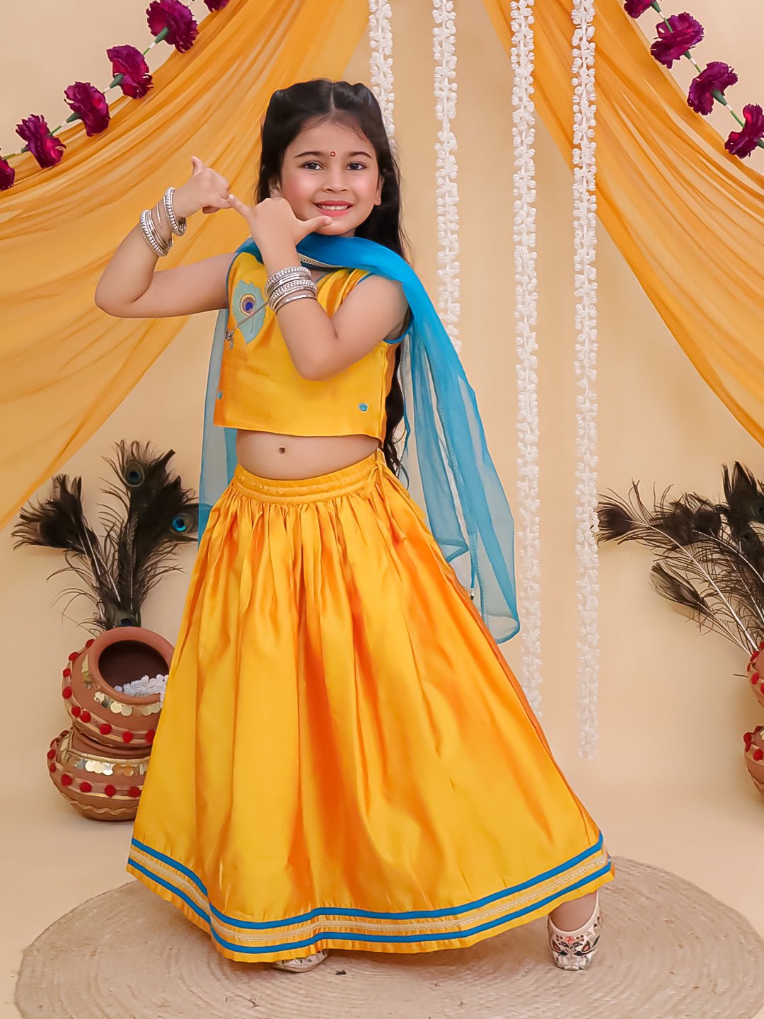 Rang Radha Embroidered Lehenga Set Yellow V-Neck Ethnic Set For Girls