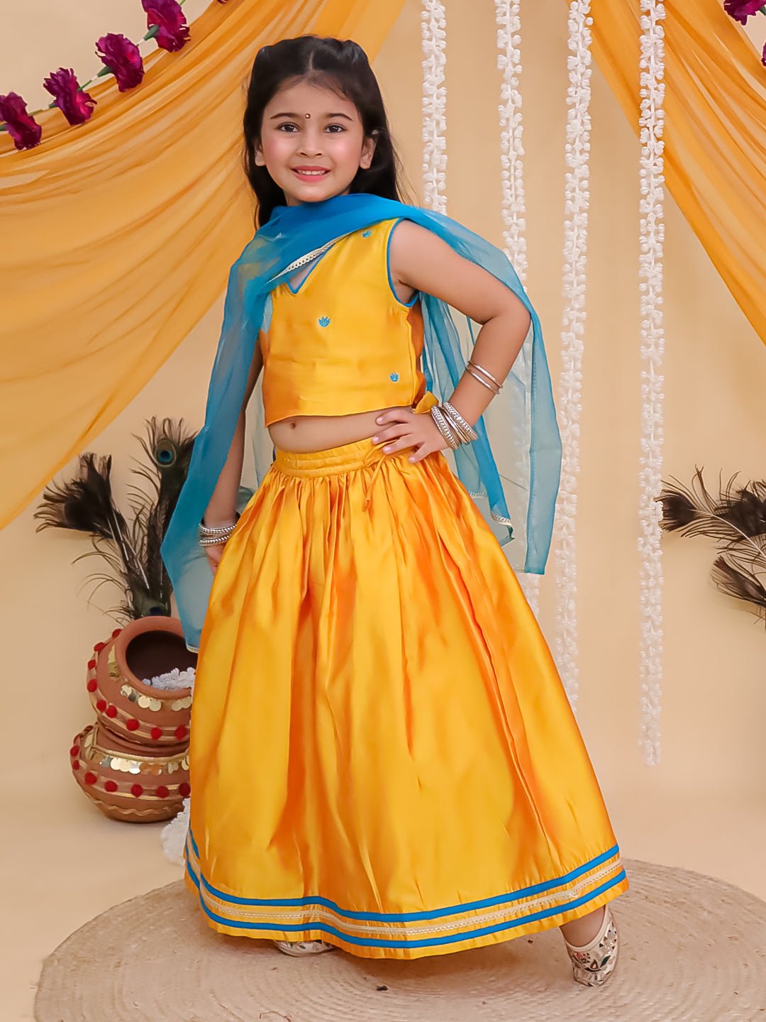 Rang Radha Embroidered Lehenga Set Yellow V-Neck Ethnic Set For Girls
