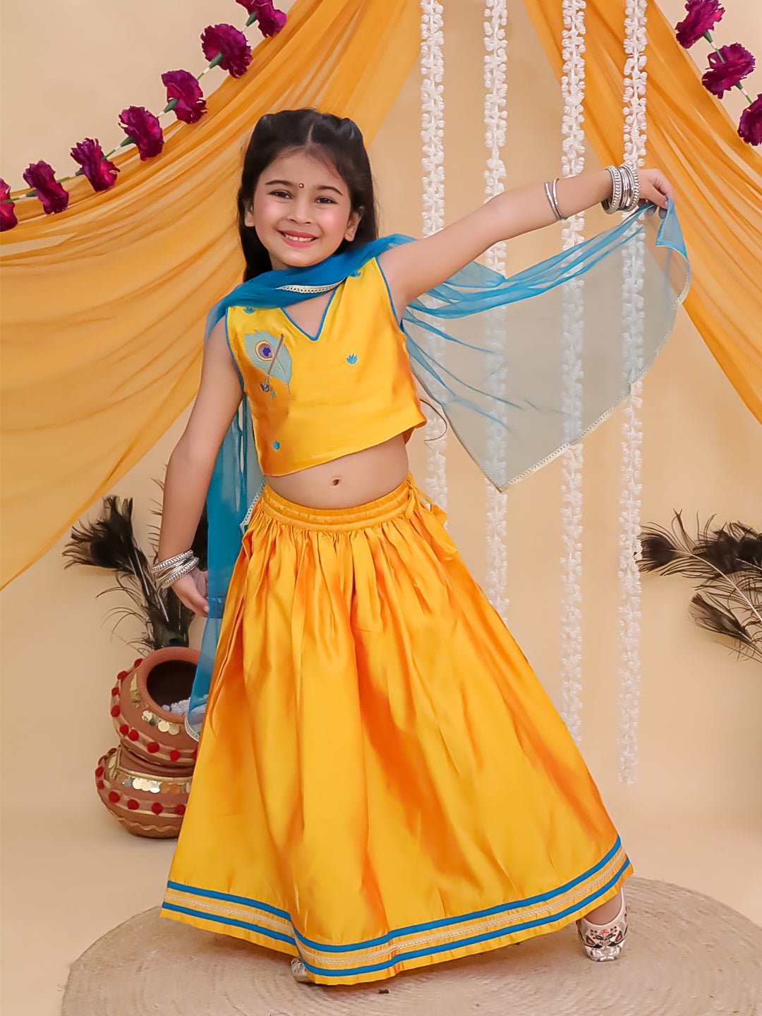 Rang Radha Embroidered Lehenga Set Yellow V-Neck Ethnic Set For Girls