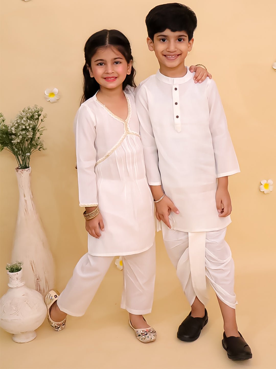 Ivory Cotton Sibling Ethnic Set With Dhoti Kurta And Alia Cut Pajama
