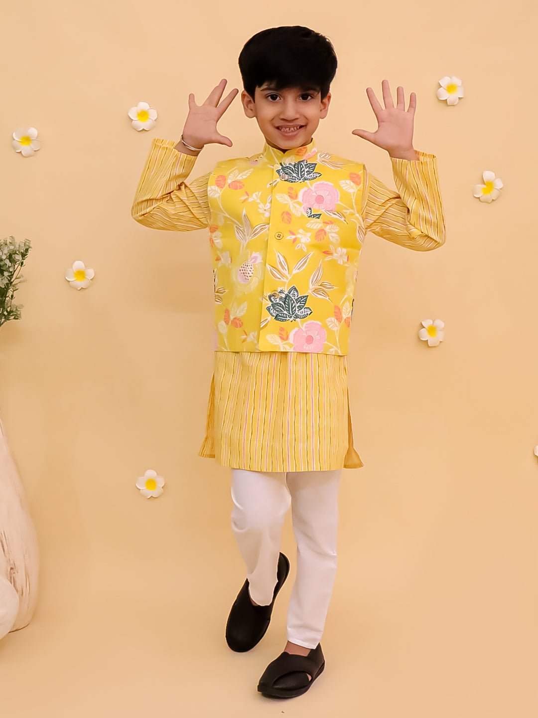Ray of Style Boys Floral Print Jacket and Kurta Pajama Set