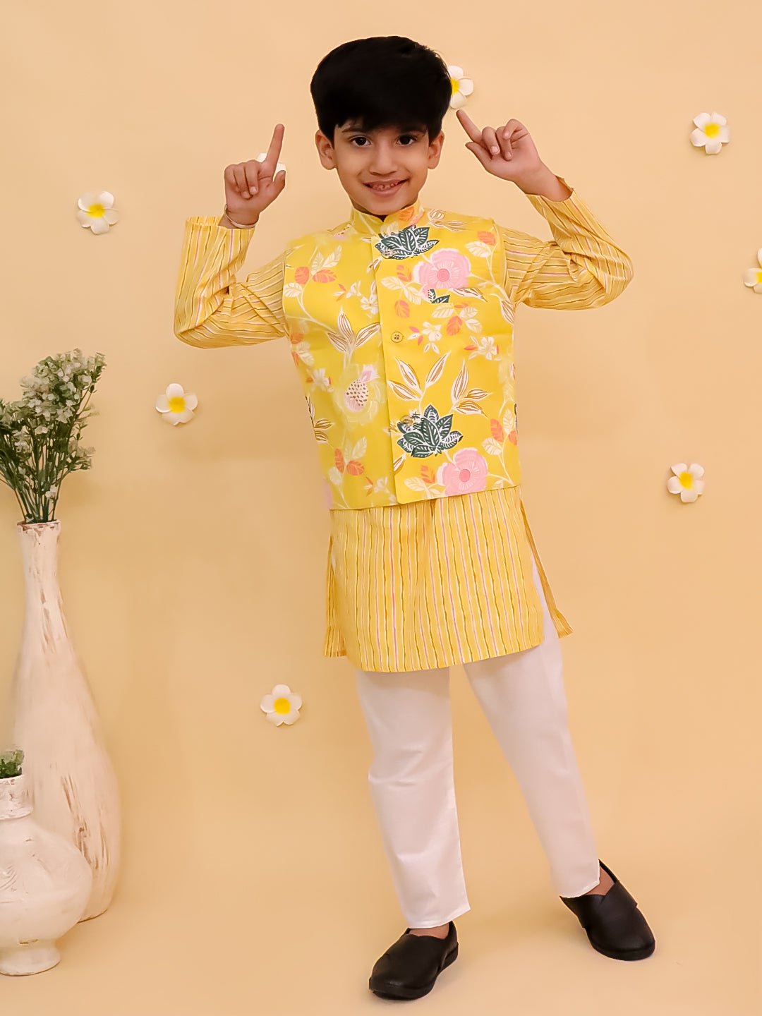 Ray of Style Boys Floral Print Jacket and Kurta Pajama Set