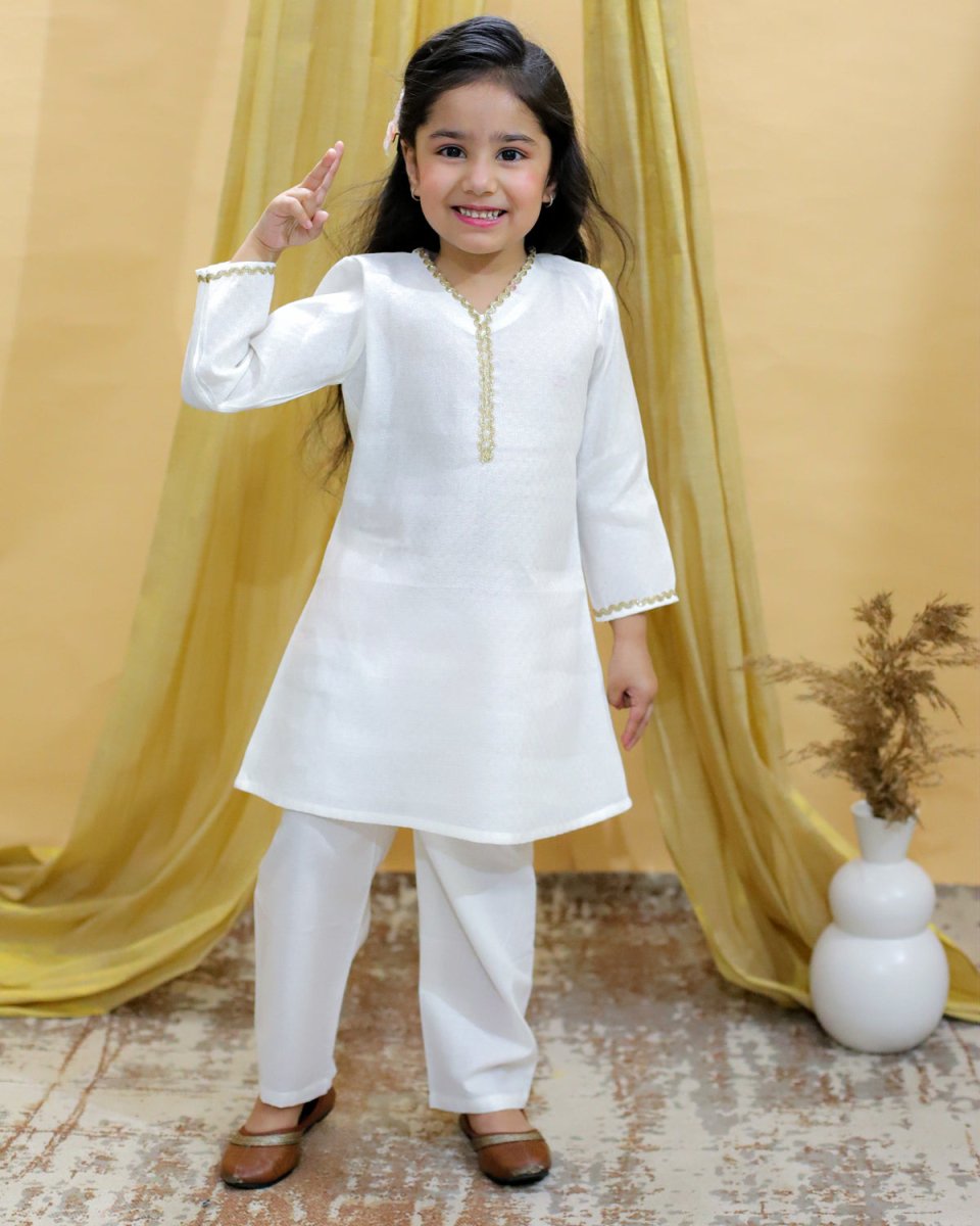 Regal White Girls Kurta Pajama Set