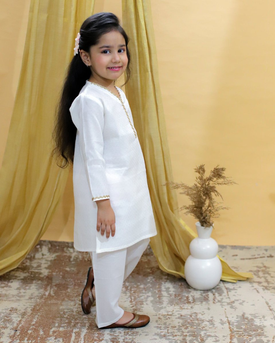 Regal White Girls Kurta Pajama Set