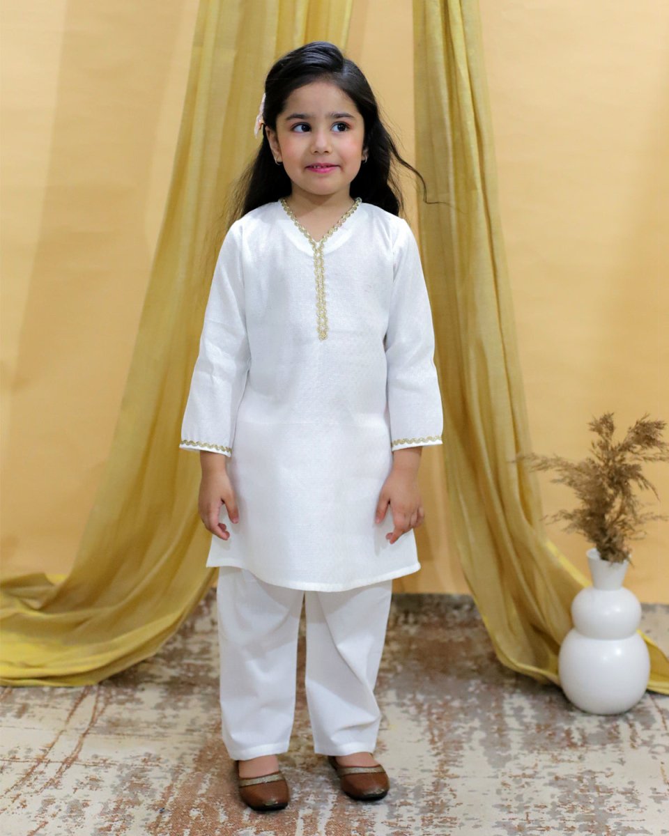 Regal White Girls Kurta Pajama Set
