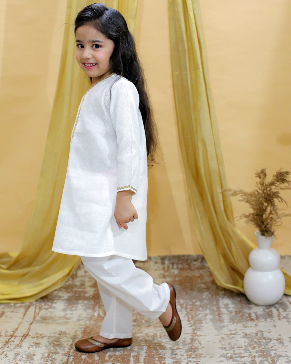 Regal White Girls Kurta Pajama Set