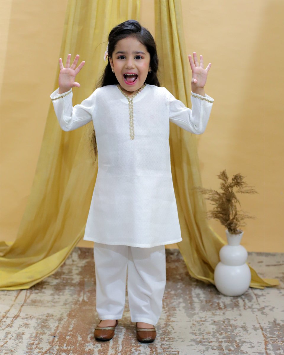 Regal White Girls Kurta Pajama Set