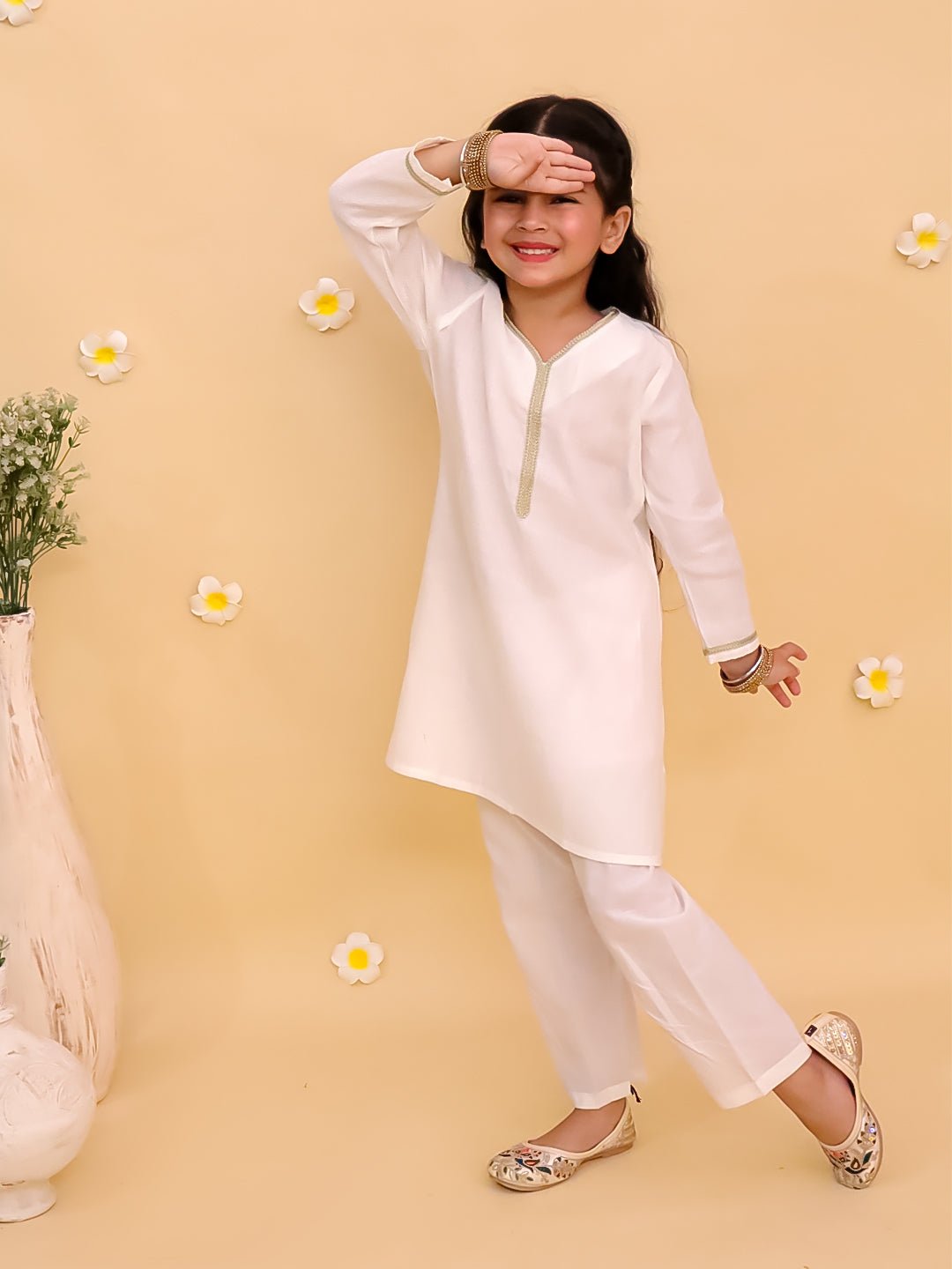 Regal White Girls Kurta Pajama Set