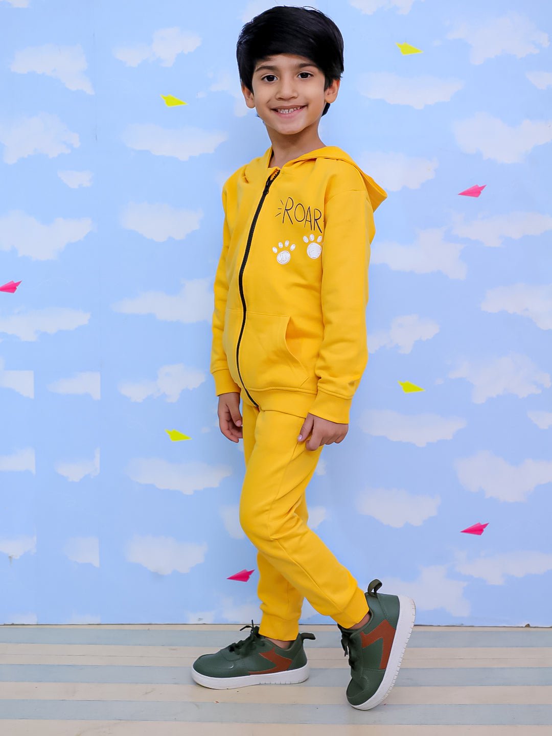Roar Zipper Jacket Yellow Sweatpants Kids Winter Set