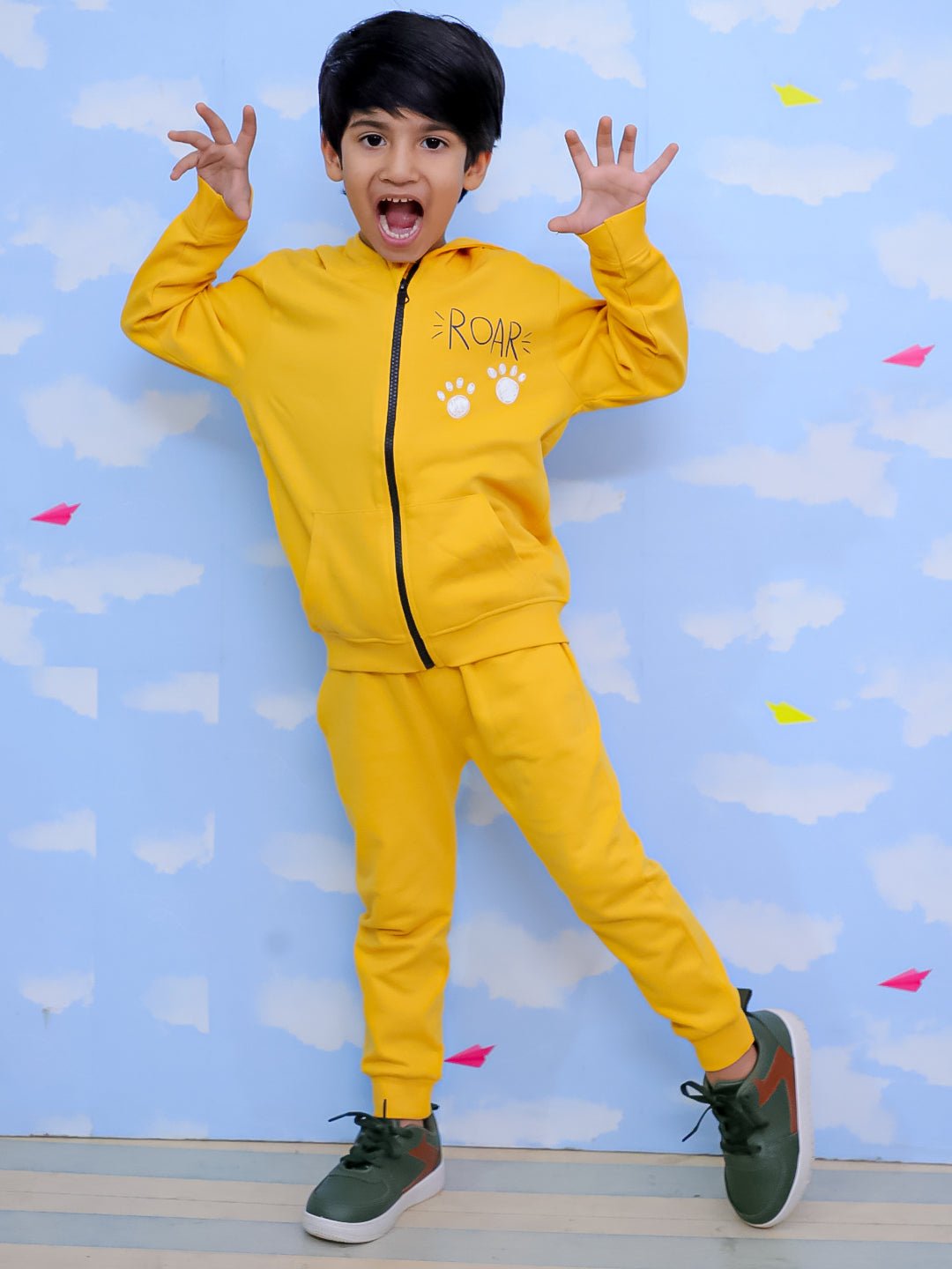 Roar Zipper Jacket Yellow Sweatpants Kids Winter Set