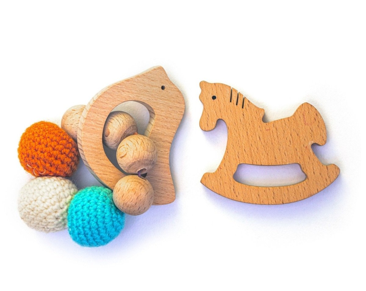 Rocking Potato Bird & Horse Crochet Beech Wood Rattle Cum Teether For Babies