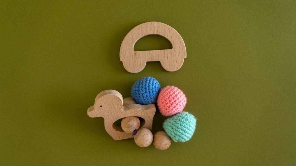 Rocking Potato Duck & Car Crochet Beech Wood Rattle Cum Teether For Babies
