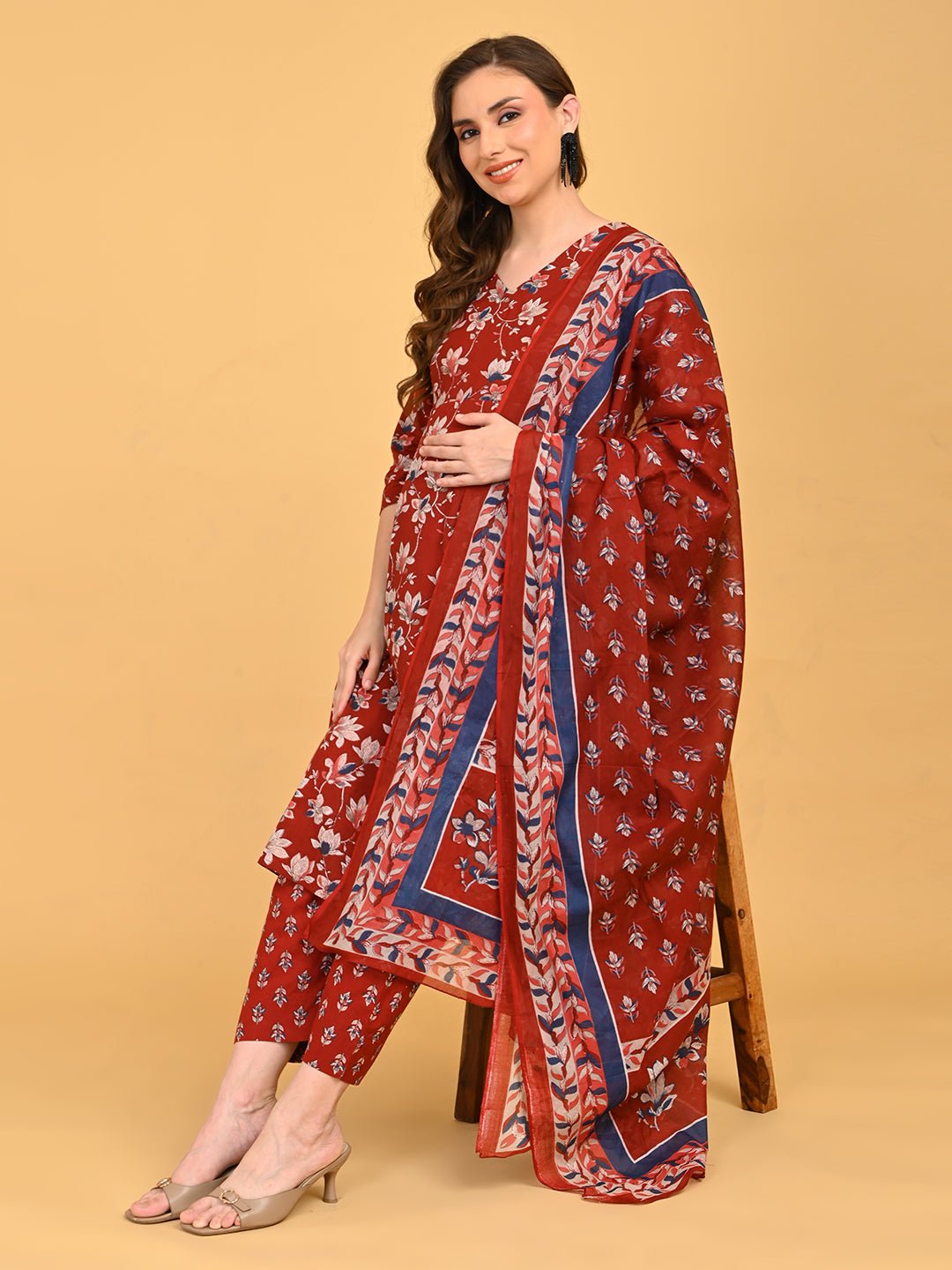 Ruhani Maternity and Nursing Kurta Set Maroon