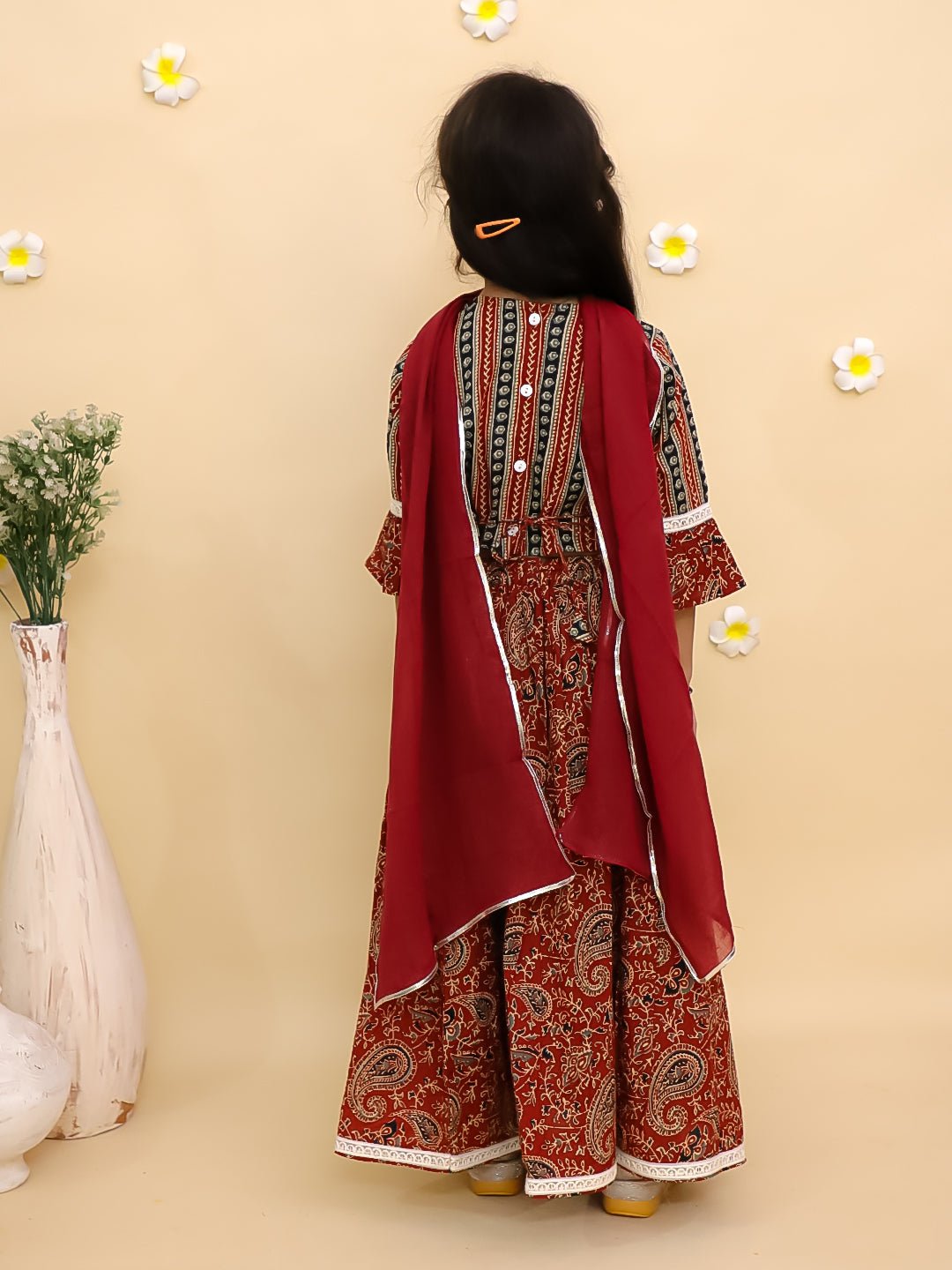 Rust Kalamkari Print Girls Lehenga Set with Dupatta