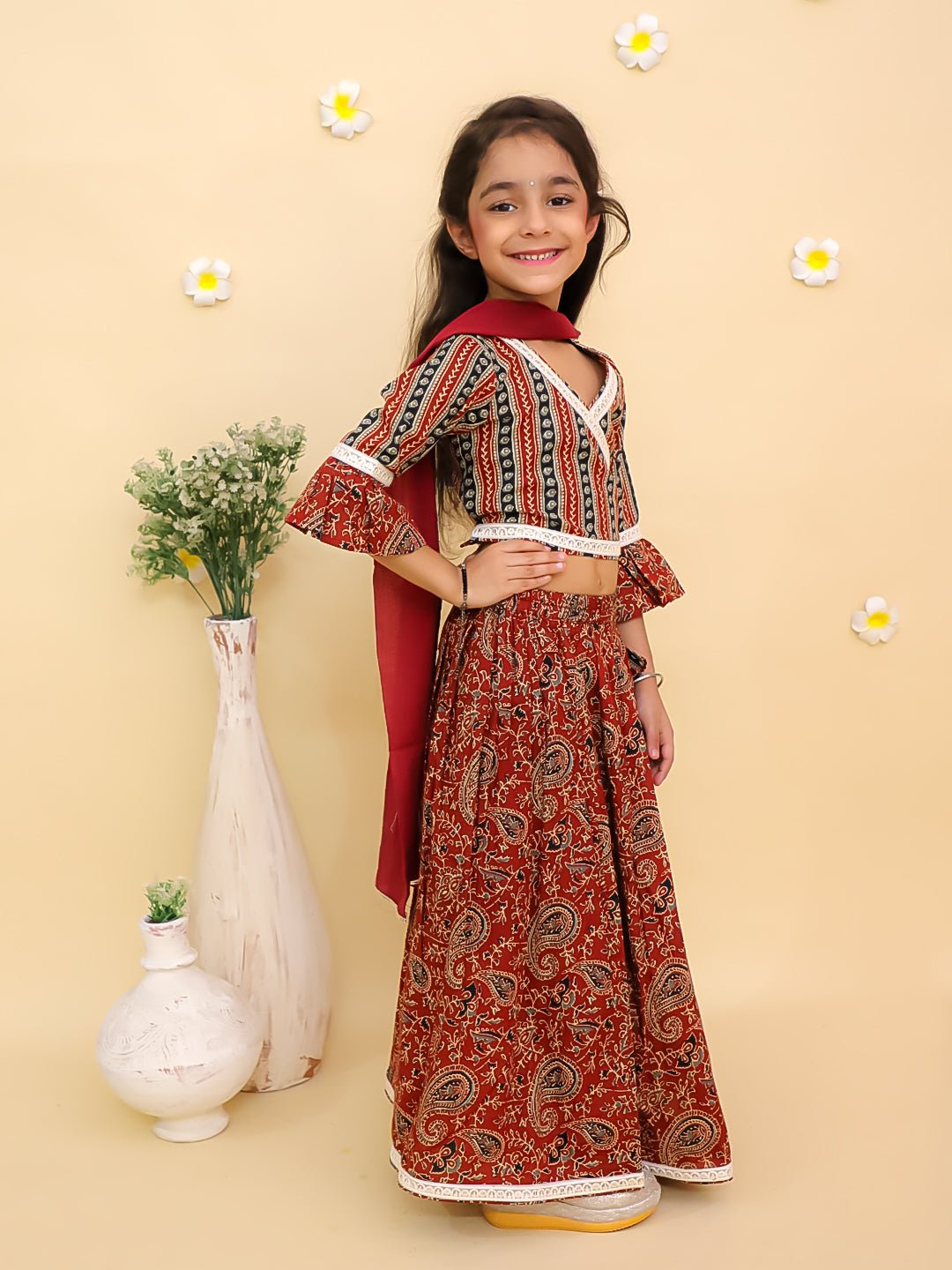 Rust Kalamkari Print Girls Lehenga Set with Dupatta