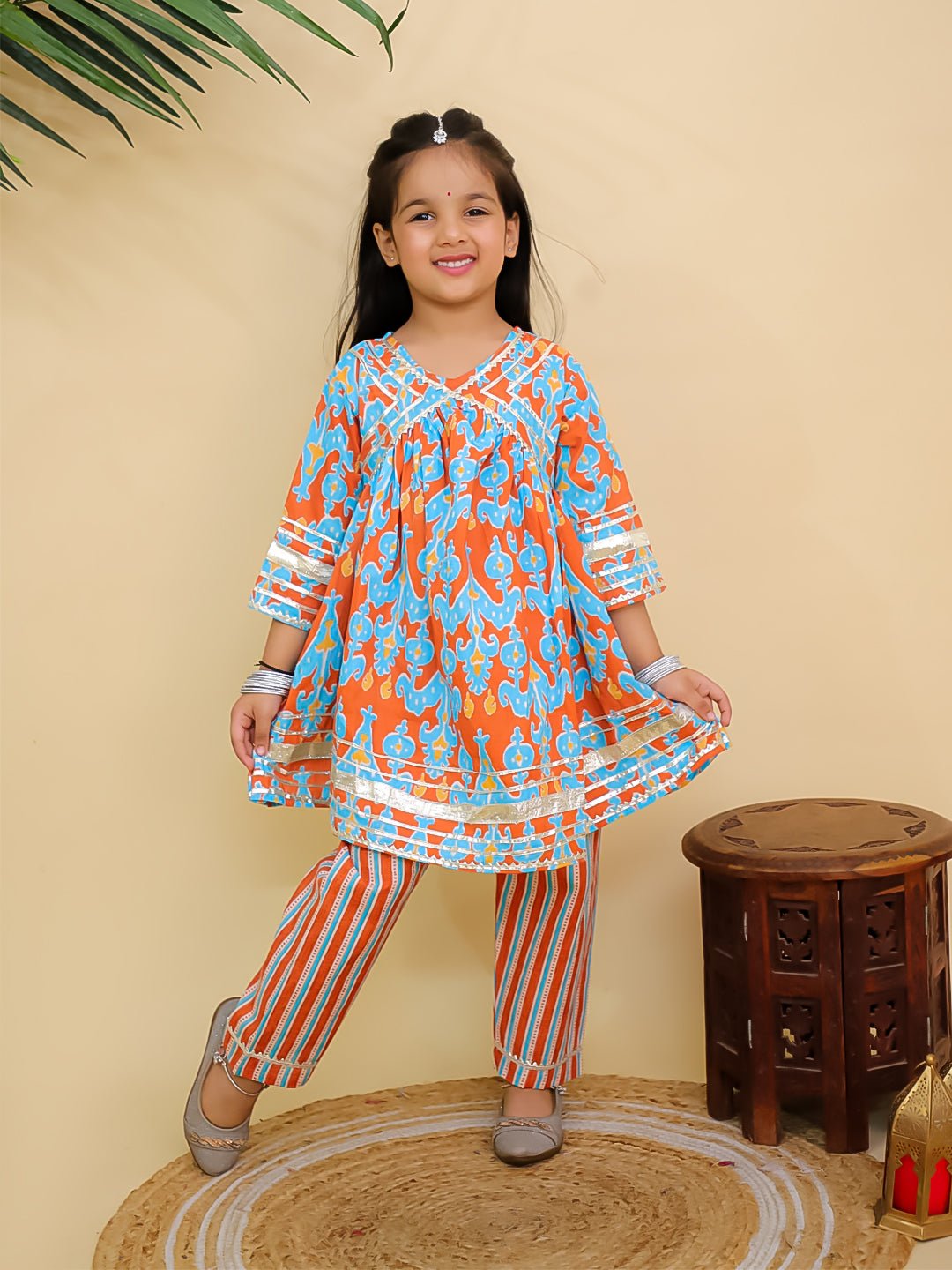 Rustic Roots Floral Print Girls Anarkali Kurta Set For Kids