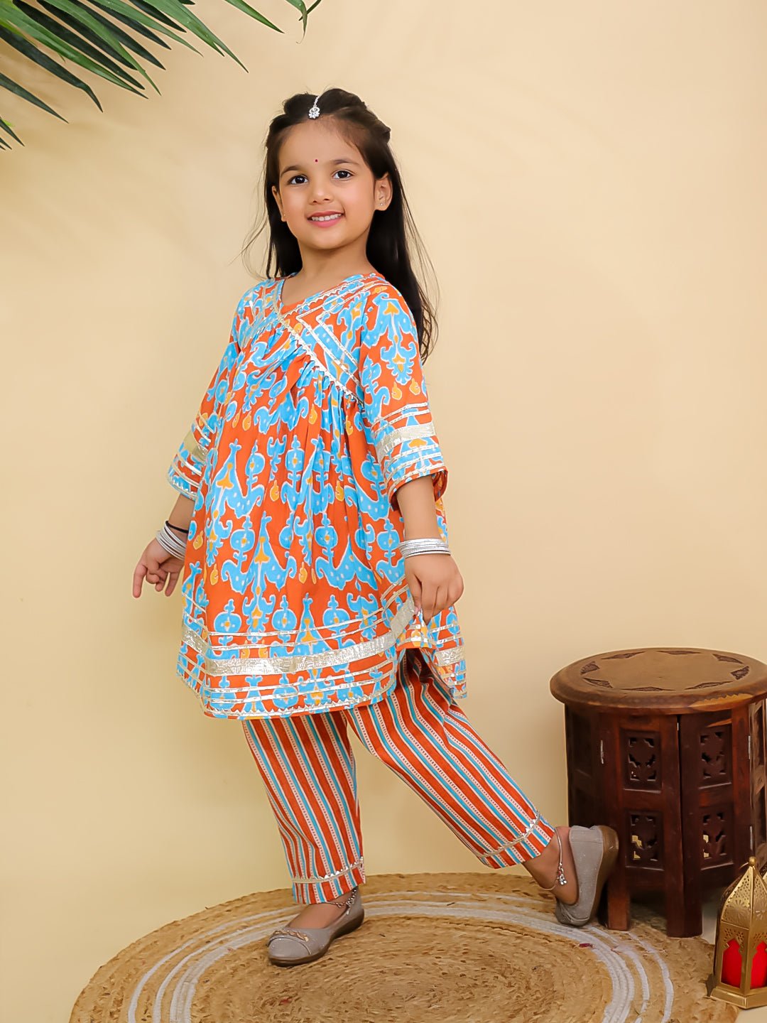 Rustic Roots Floral Print Girls Anarkali Kurta Set For Kids