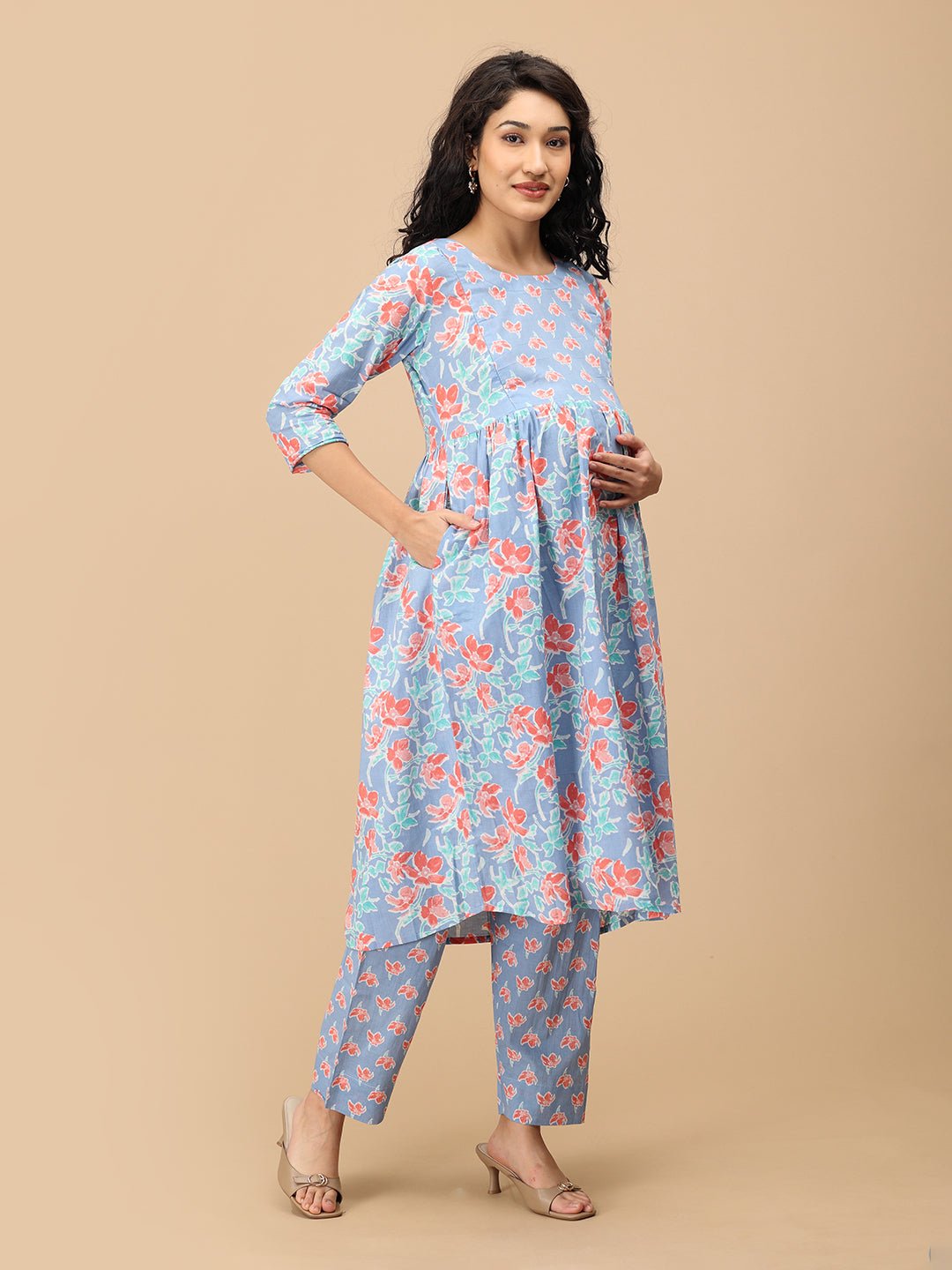 Saanjh Phool Maternity and Nursing Kurta Set Blue