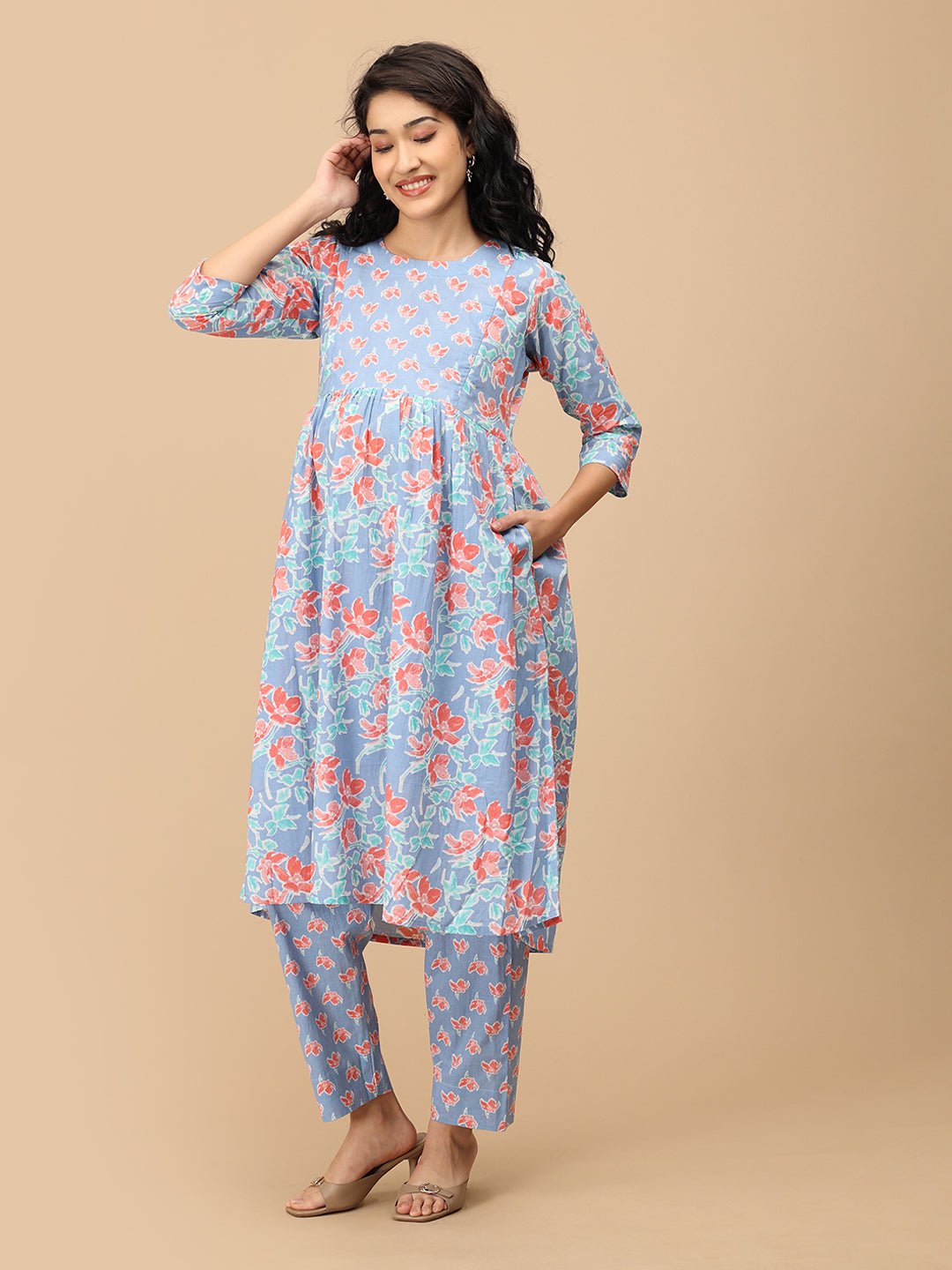 Saanjh Phool Maternity and Nursing Kurta Set Blue
