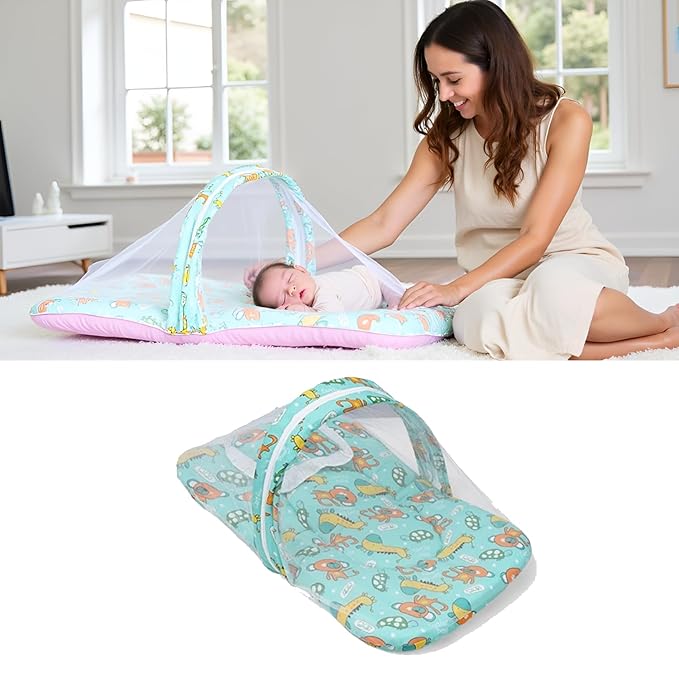 Blue Cotton Baby Mattress Set With Pillow And Mosquito Net For Babies