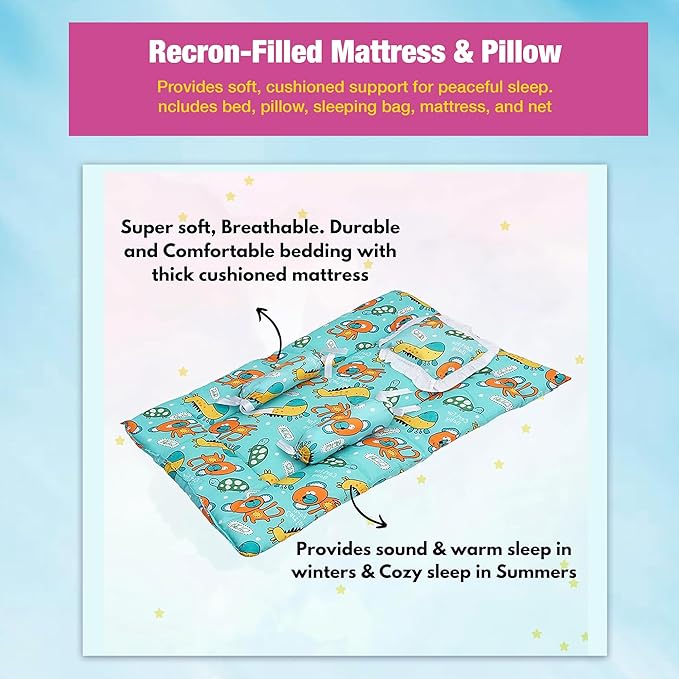 Blue 3 PC Kids Cotton Mattress with Pillow and Mosquito Net Set