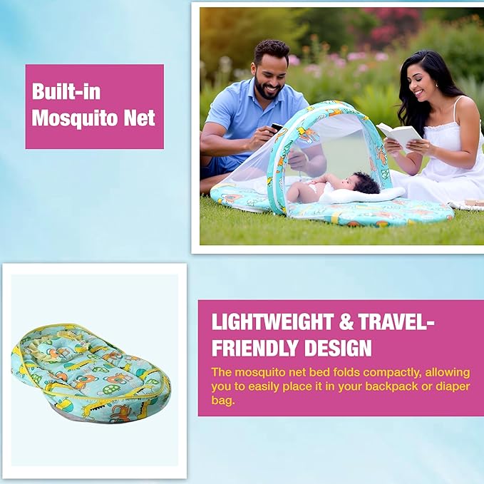 Blue 3 PC Kids Cotton Mattress with Pillow and Mosquito Net Set