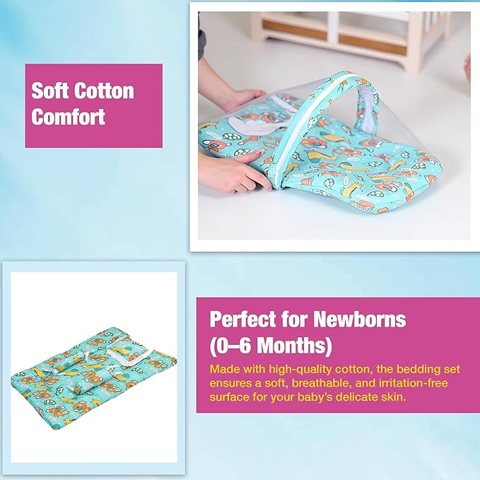 Blue 3 PC Kids Cotton Mattress with Pillow and Mosquito Net Set