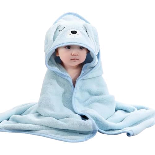 Cute Cartoon Face Hooded Cotton Bath Towel For Kids 0-6 Years Blue