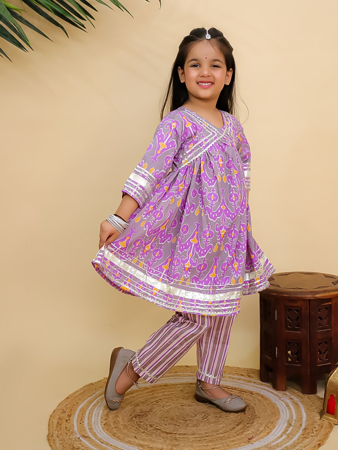 Sage Violet Floral Print Girls Anarkali Kurta Set