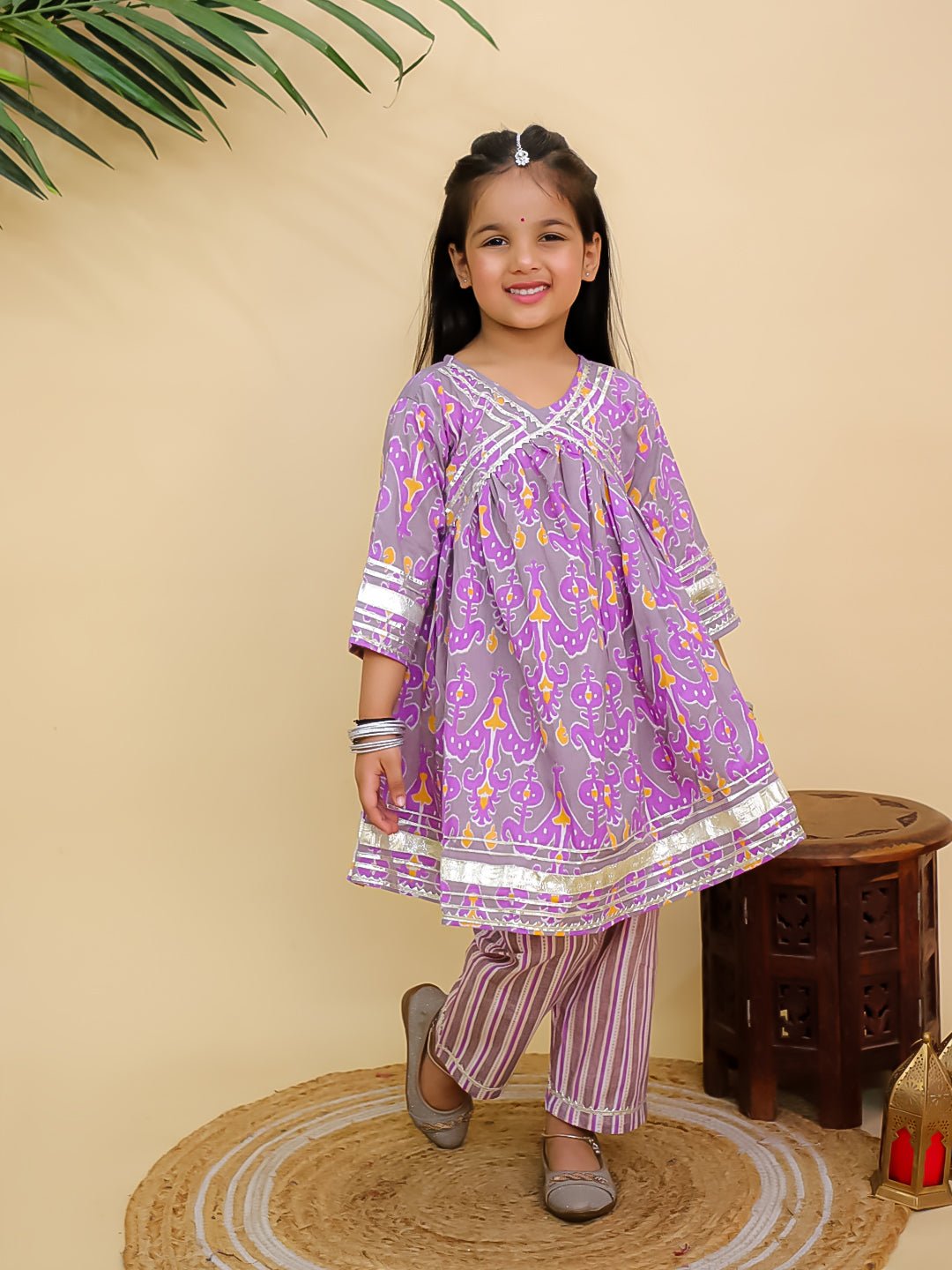 Sage Violet Floral Print Girls Anarkali Kurta Set