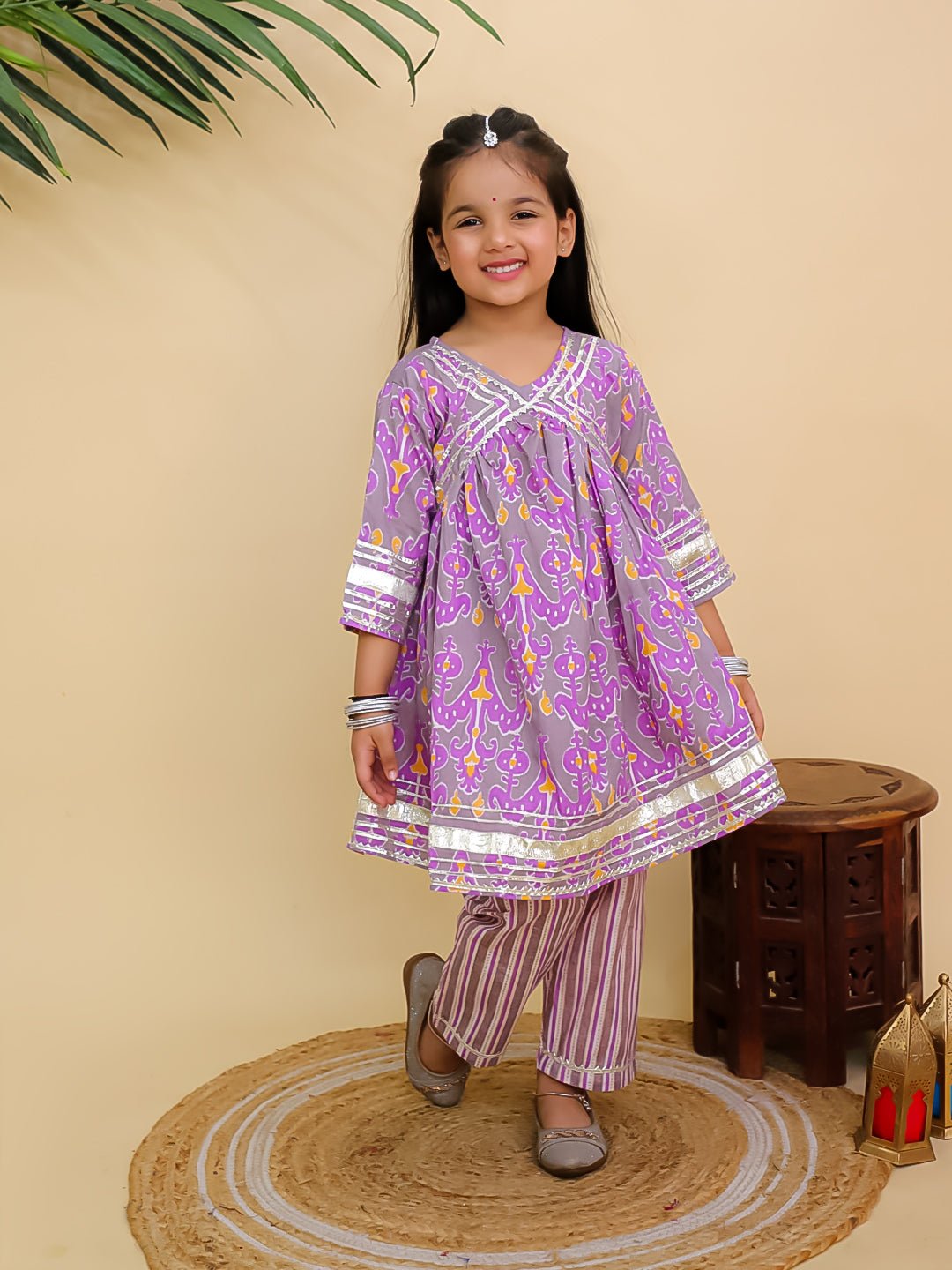 Sage Violet Floral Print Girls Anarkali Kurta Set