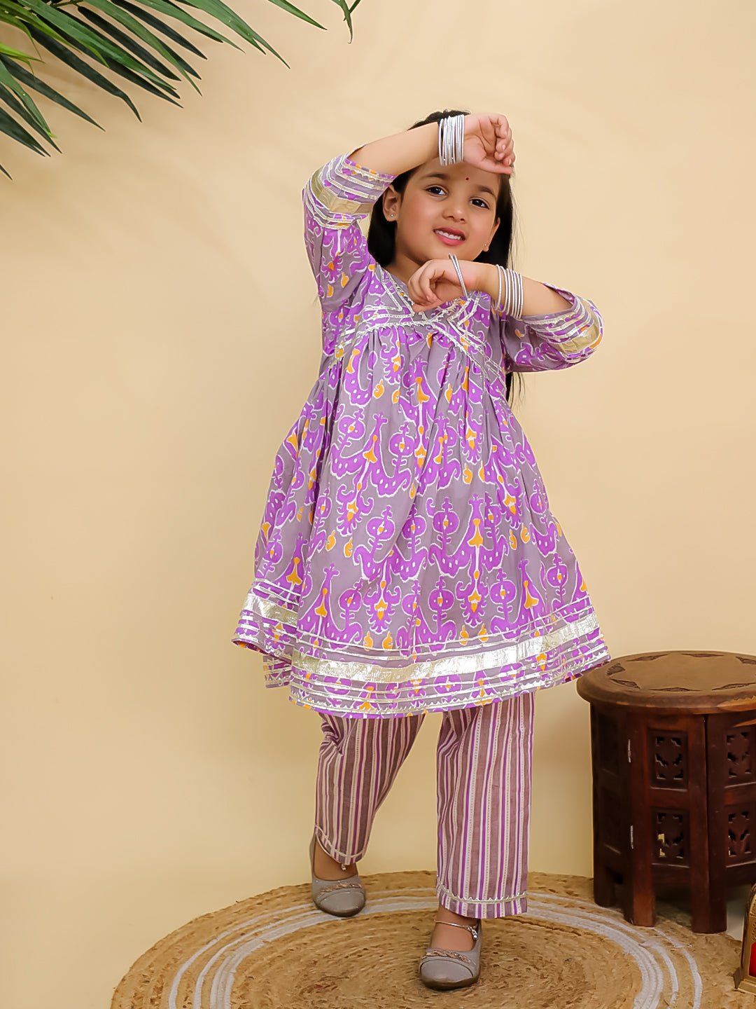 Sage Violet Floral Print Girls Anarkali Kurta Set