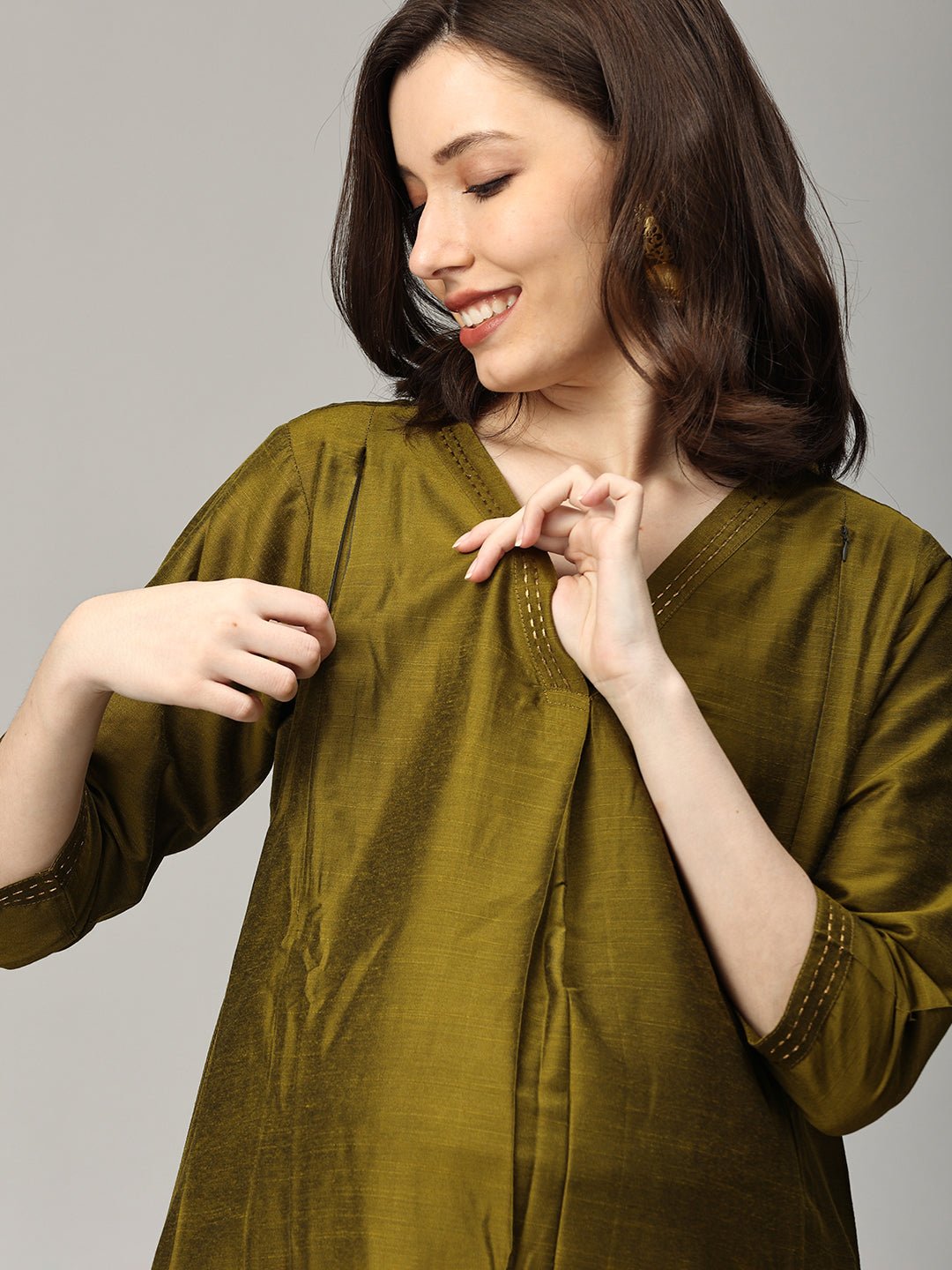 Sassy in Sage Embroidered Maternity and Nursing Silk Kurta Set Olive