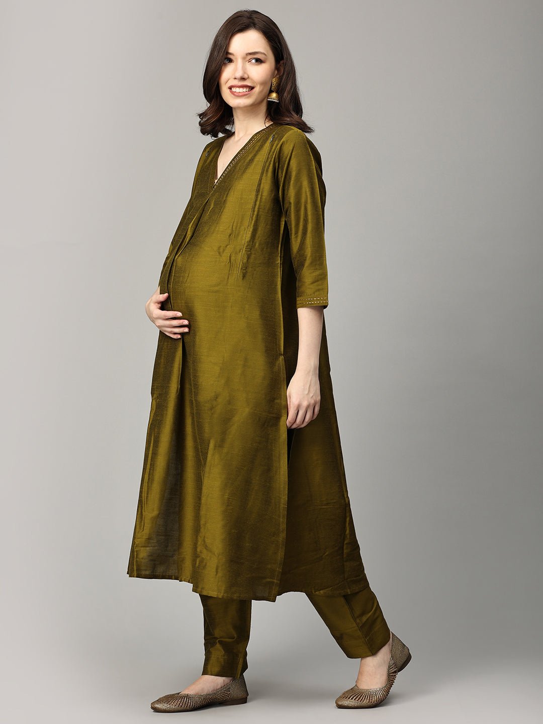 Sassy in Sage Embroidered Maternity and Nursing Silk Kurta Set Olive