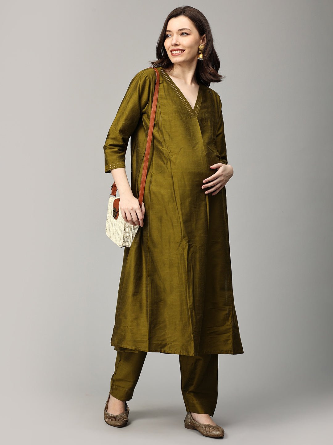 Sassy in Sage Embroidered Maternity and Nursing Silk Kurta Set Olive