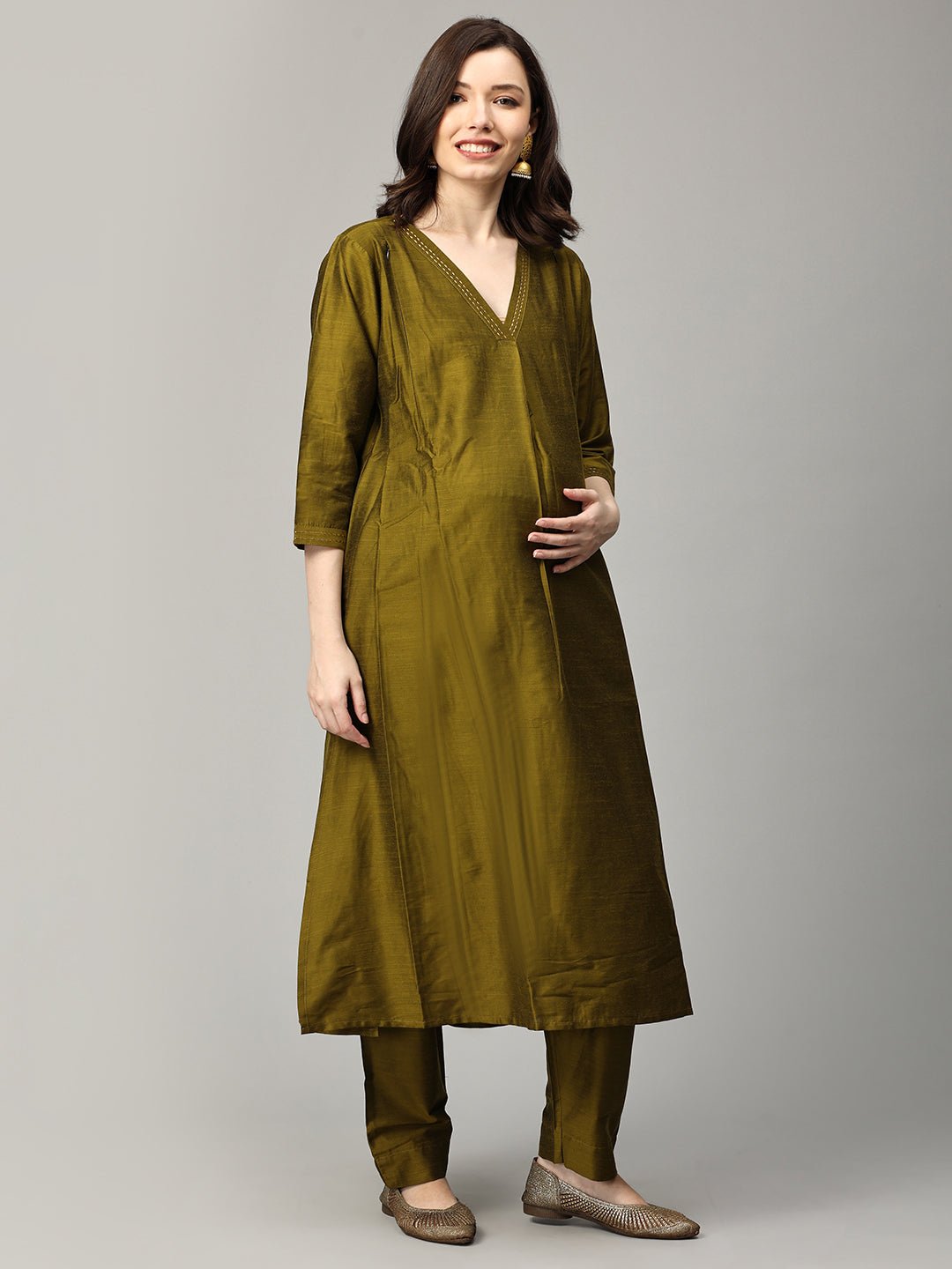 Sassy in Sage Embroidered Maternity and Nursing Silk Kurta Set Olive