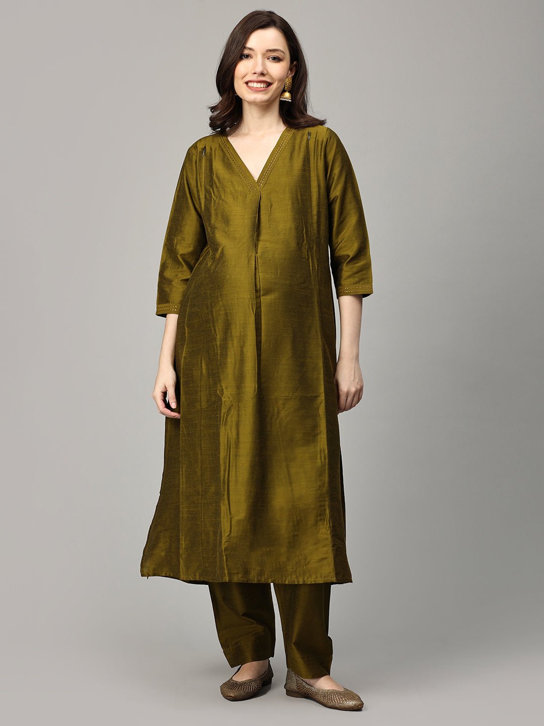 Sassy in Sage Embroidered Maternity and Nursing Silk Kurta Set Olive