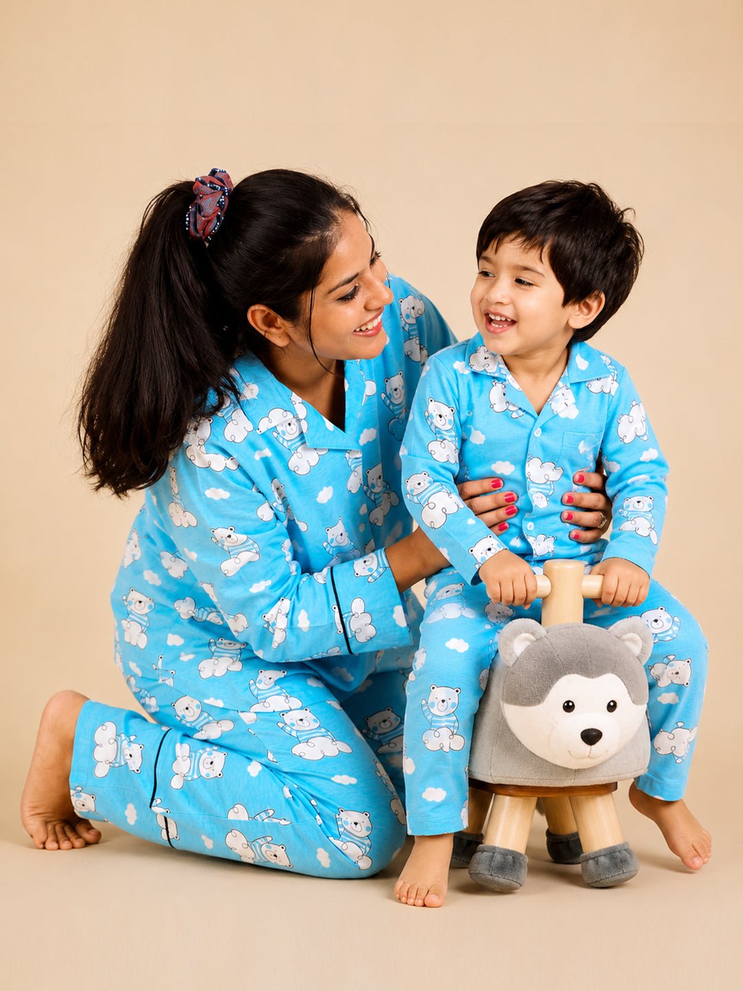 Hello Bear Light Blue Cotton Matching Pajama Set Mom And Baby Twinning Combo Of 2