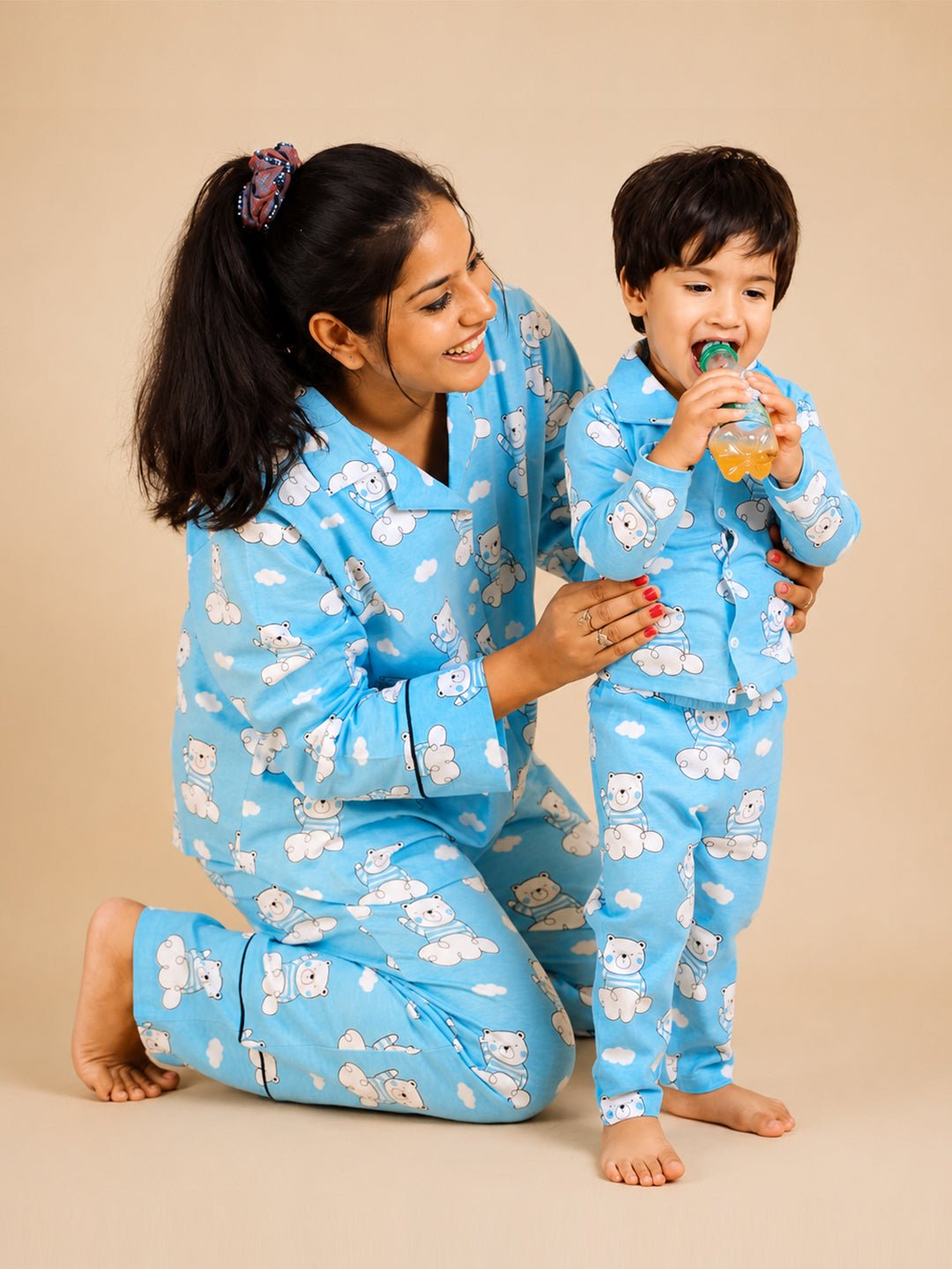 Hello Bear Light Blue Cotton Matching Pajama Set Mom And Baby Twinning Combo Of 2