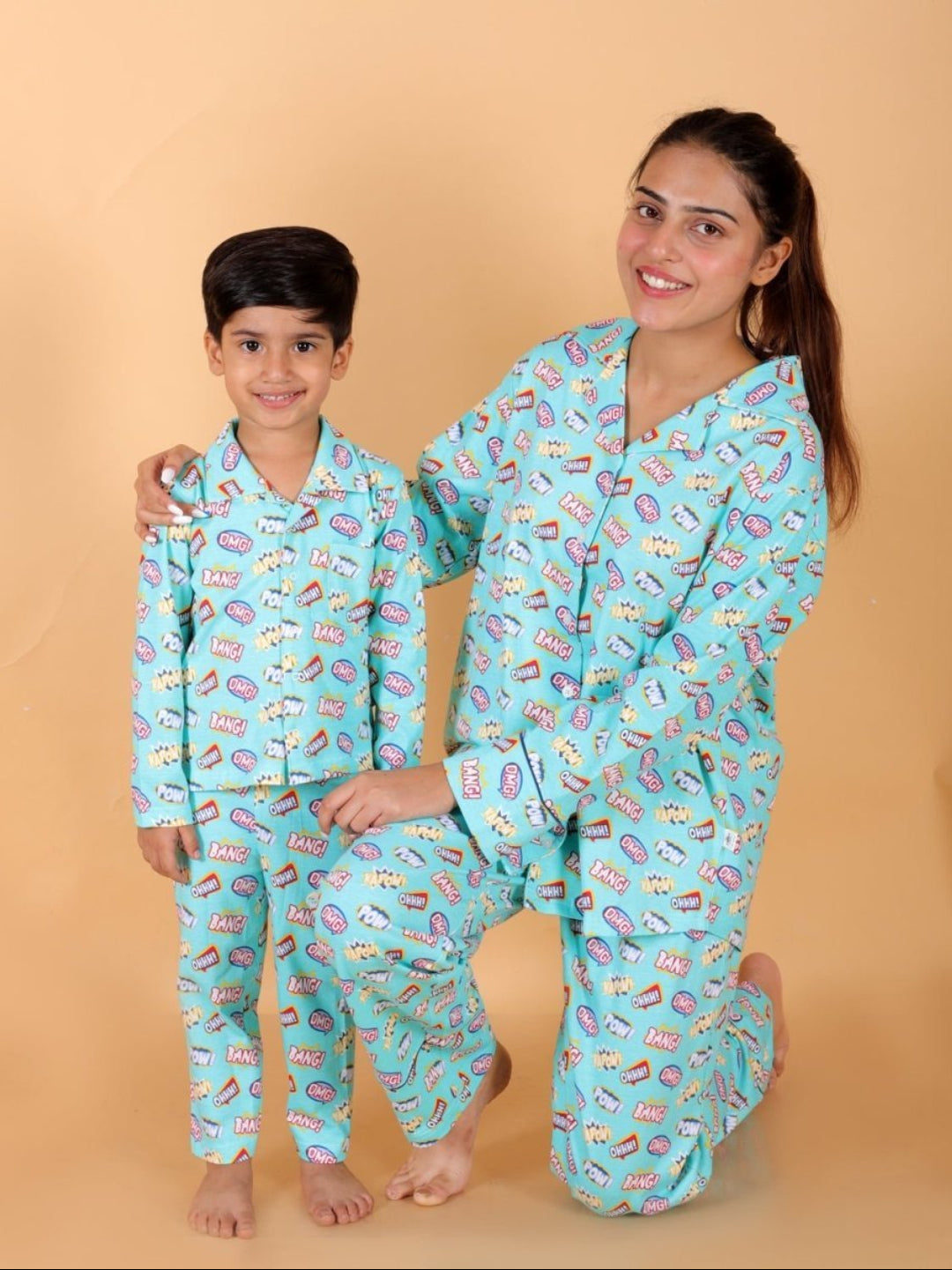 Mighty Fighter Blue Cotton Matching Pajama Set Mom And Baby Twinning Combo Of 2